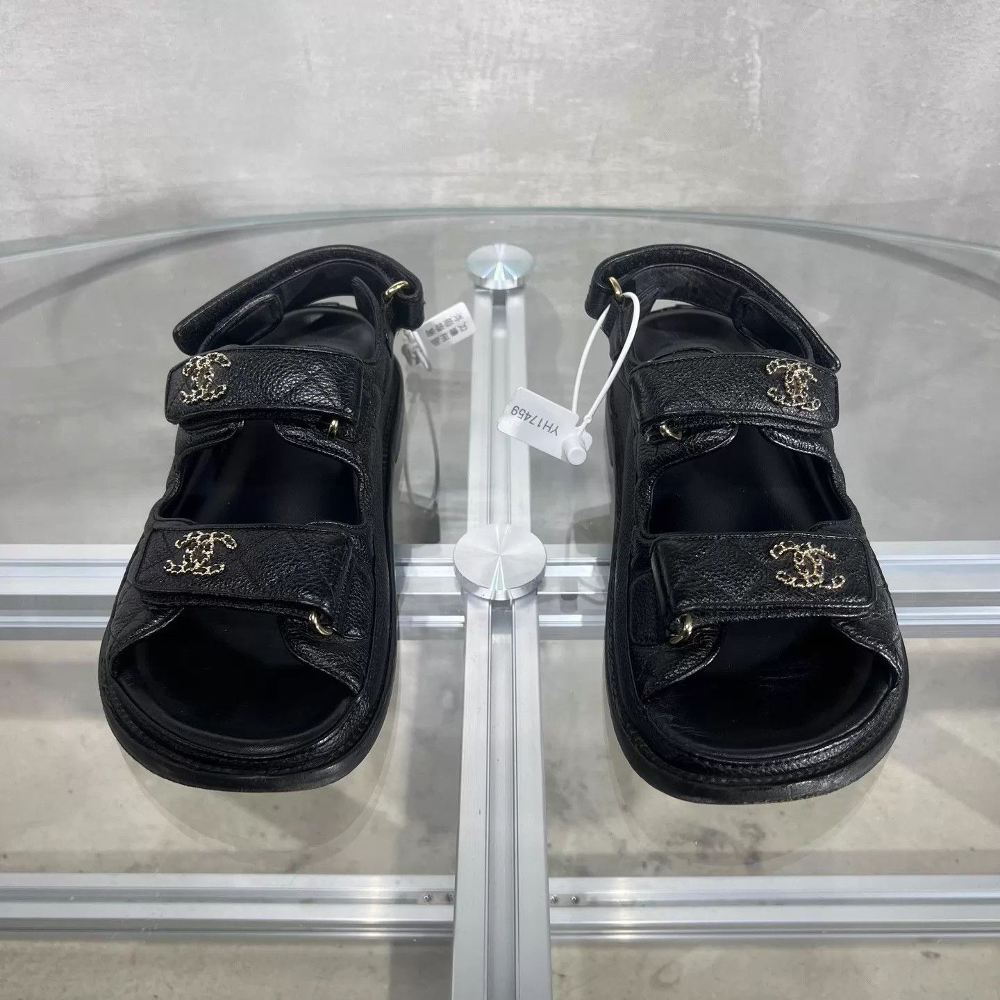 Chanel Chanel Women's Black Litchi Leather Velcro Sandals 35.5 Size US 5 / IT 35 - 1 Thumbnail