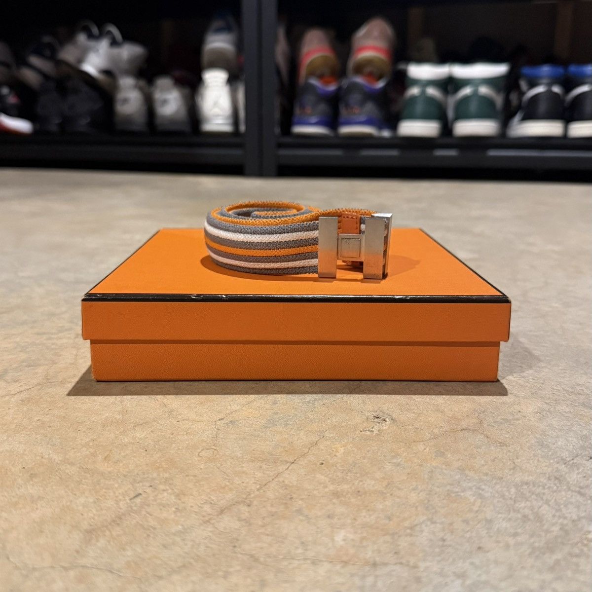 Hermes Hermes H Buckle Canvas Elastic Band Striped Belt Orange Grey Size 30 - 1 Thumbnail