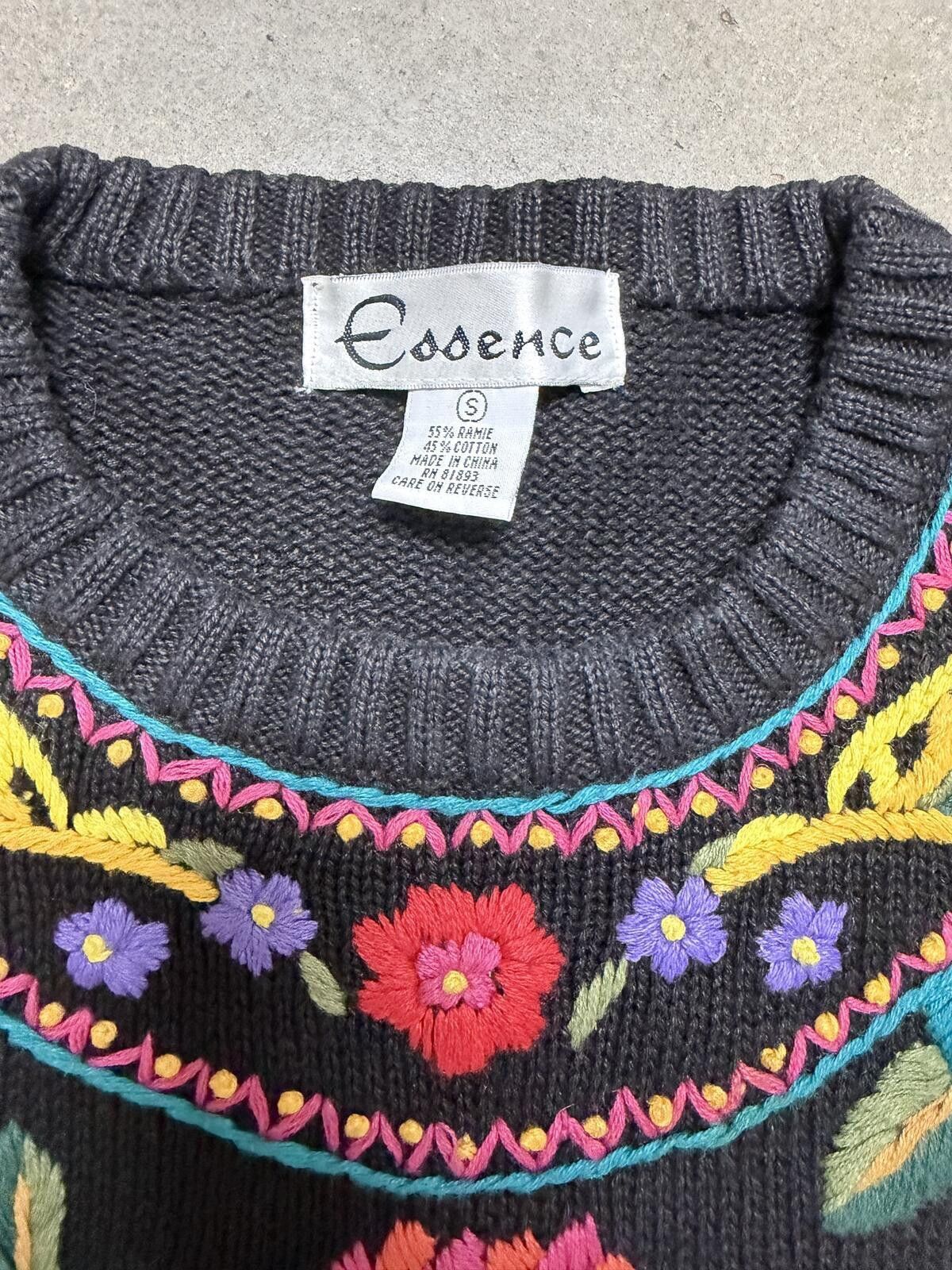 Other Vintage 90s Essence Black Knit Floral Embroidered Sweater Size S / US 4 / IT 40 - 2 Thumbnail