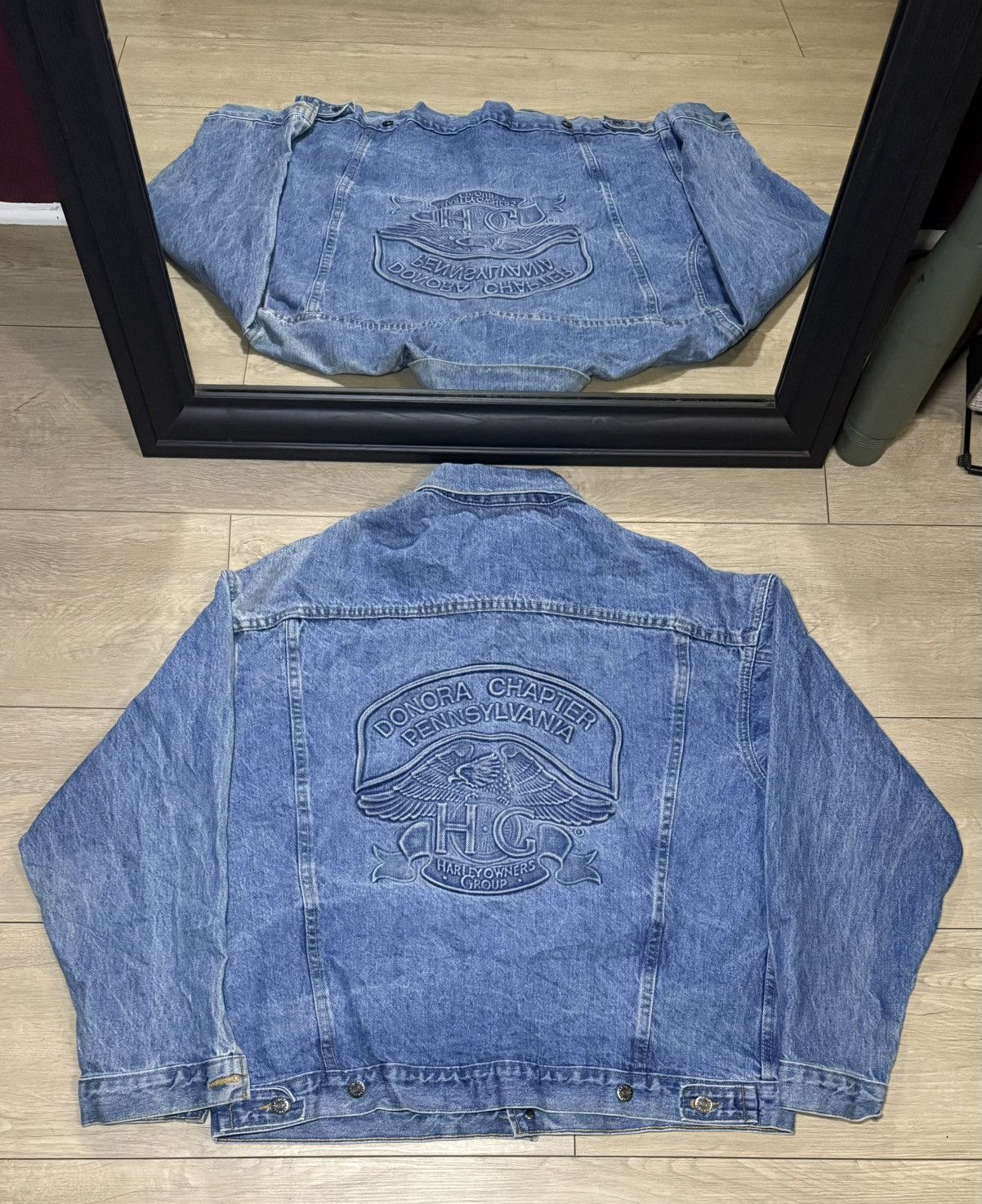 Harley Davidson Vintage 1990s Harley Davidson Embossed Denim Jacket Size US L / EU 52-54 / 3 - 1 Thumbnail