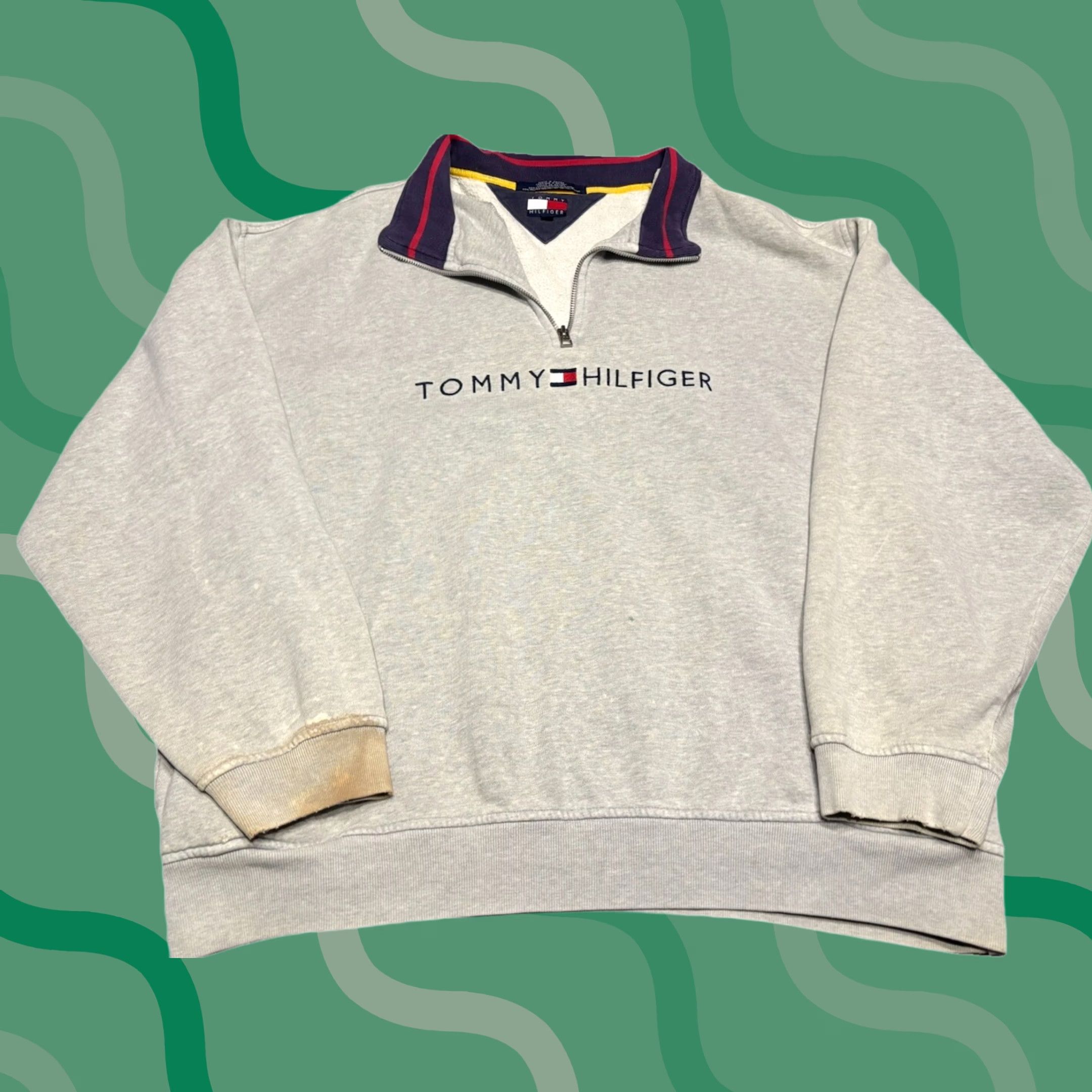 Tommy Hilfiger VINTAGE Tommy Hilfiger Pullover Mens 2XL Gray Logo 1/4 Zip 90s Quarter Zip Knit Mock Neck Embroidered D2 Size US XXL / EU 58 / 5 - 1 Thumbnail