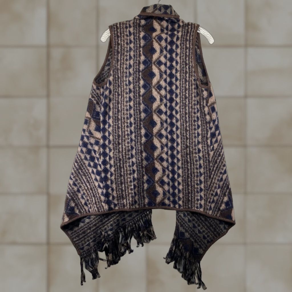 Vintage Bob Timberlake Women's Poncho Cape Shawl Wool Blend Open Front Geometric Fringe Brown Mid-Length Knit Casual 80s Western Art Bohemian Relaxed Size M Size M / US 6-8 / IT 42-44 - 1 Thumbnail