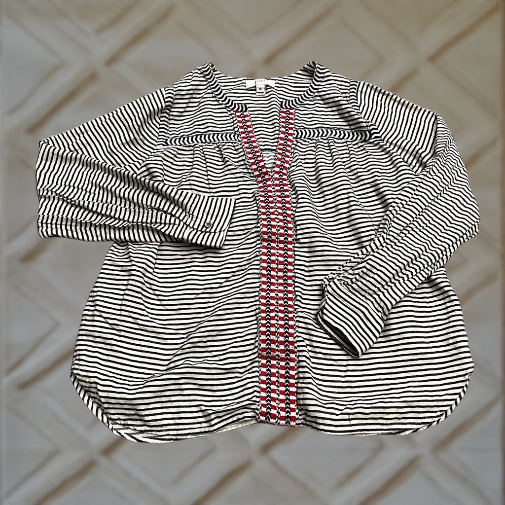 J.Crew J.Crew Embroidered Peasant Blouse Womens 00 Black Ivory Striped Casual Size XXS / US 00 / IT 34 - 1 Thumbnail