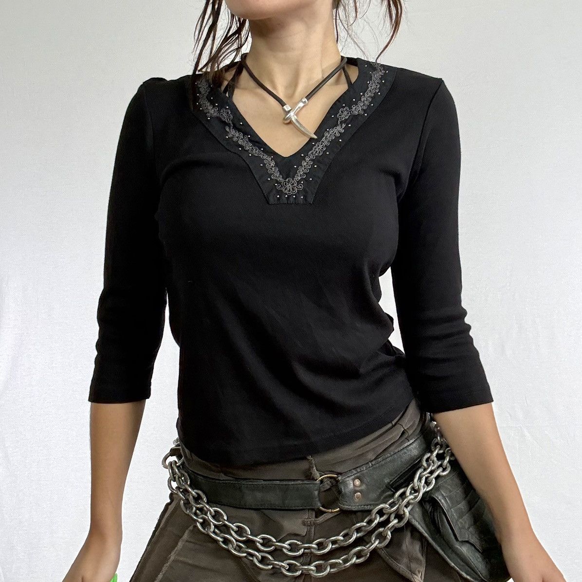 Other Black embellished V-neck top subtle gothic minimalist piece Size S / US 4 / IT 40 - 1 Thumbnail