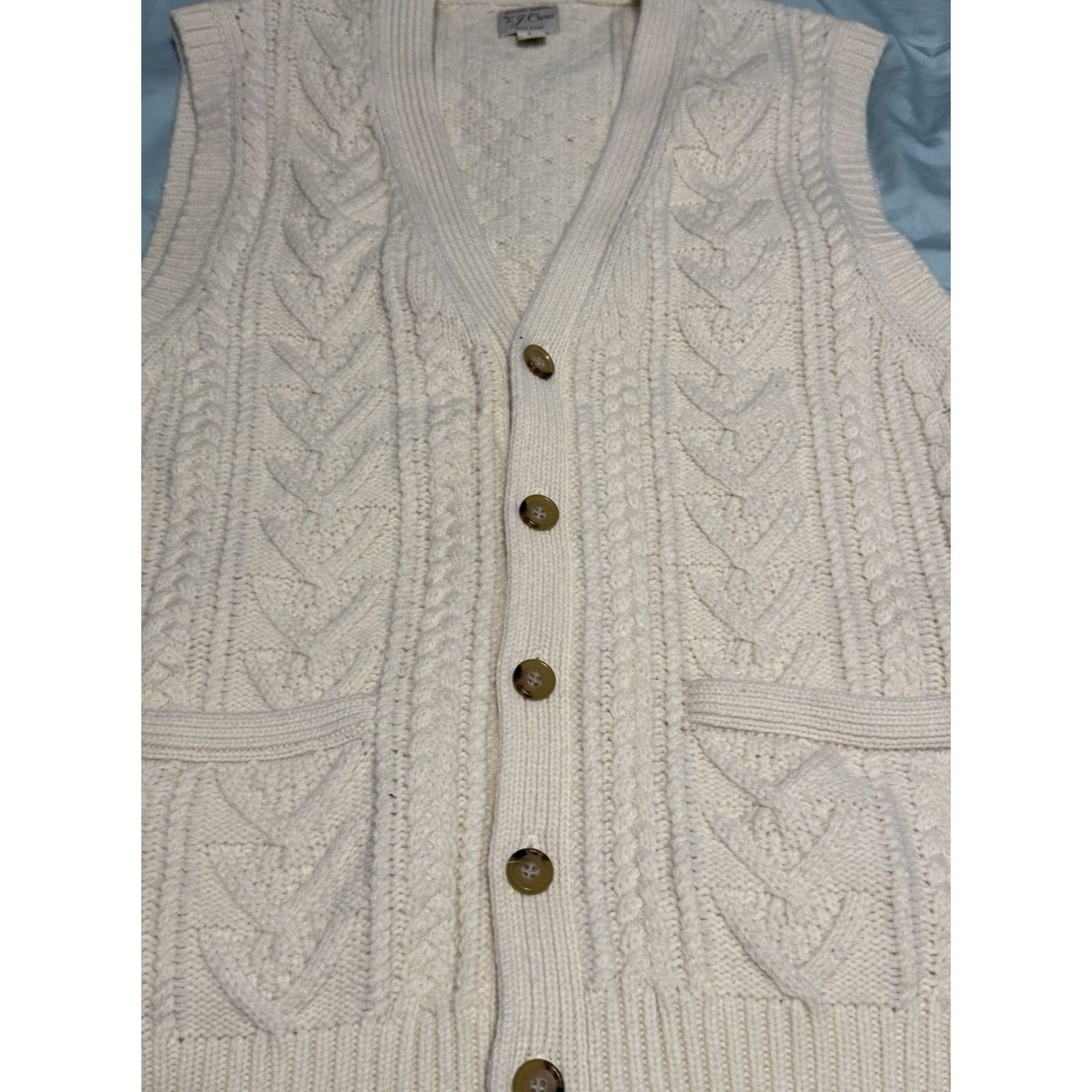 J.Crew VINTAGE? No — J.CREW Men L Rugged Merino Wool Blend Cable Knit Sweater Vest Ivory Solid V-Neck Pockets Casual Workwear Preppy College Vintage? No Size US L / EU 52-54 / 3 - 4 Thumbnail