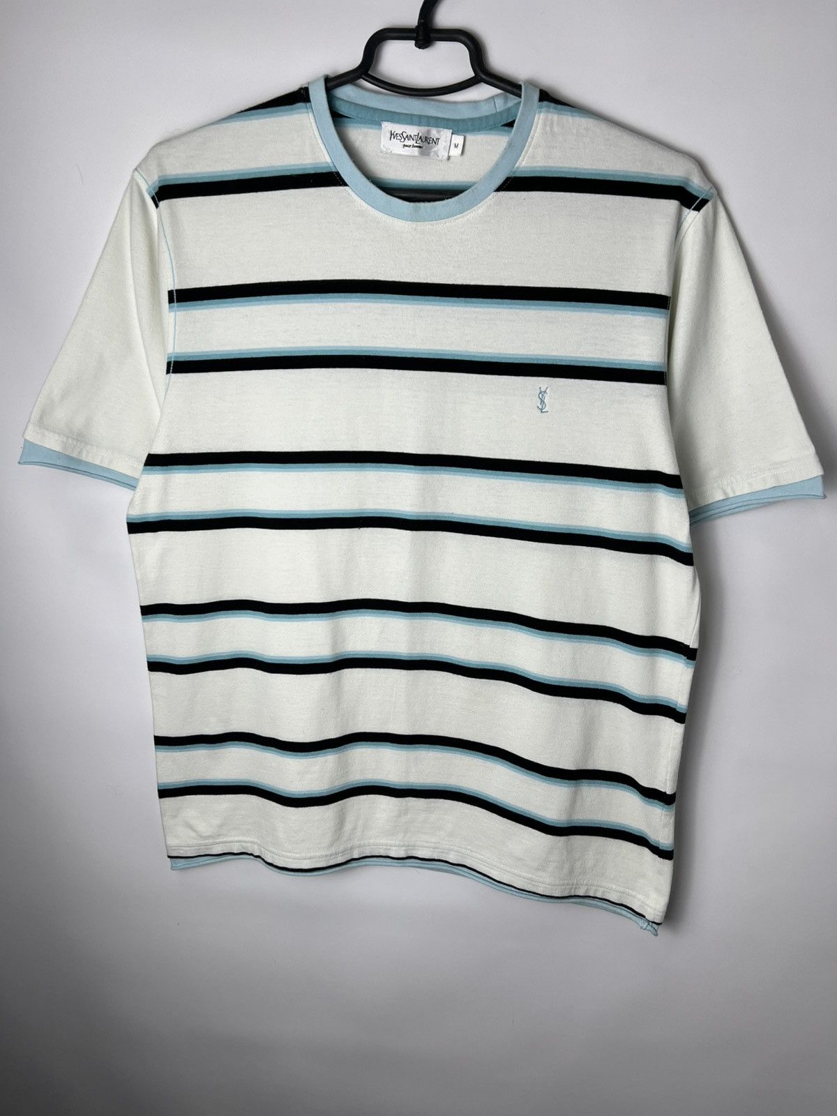 Vintage YSL Yves Saint Laurent striped spell out y2k t shirt
