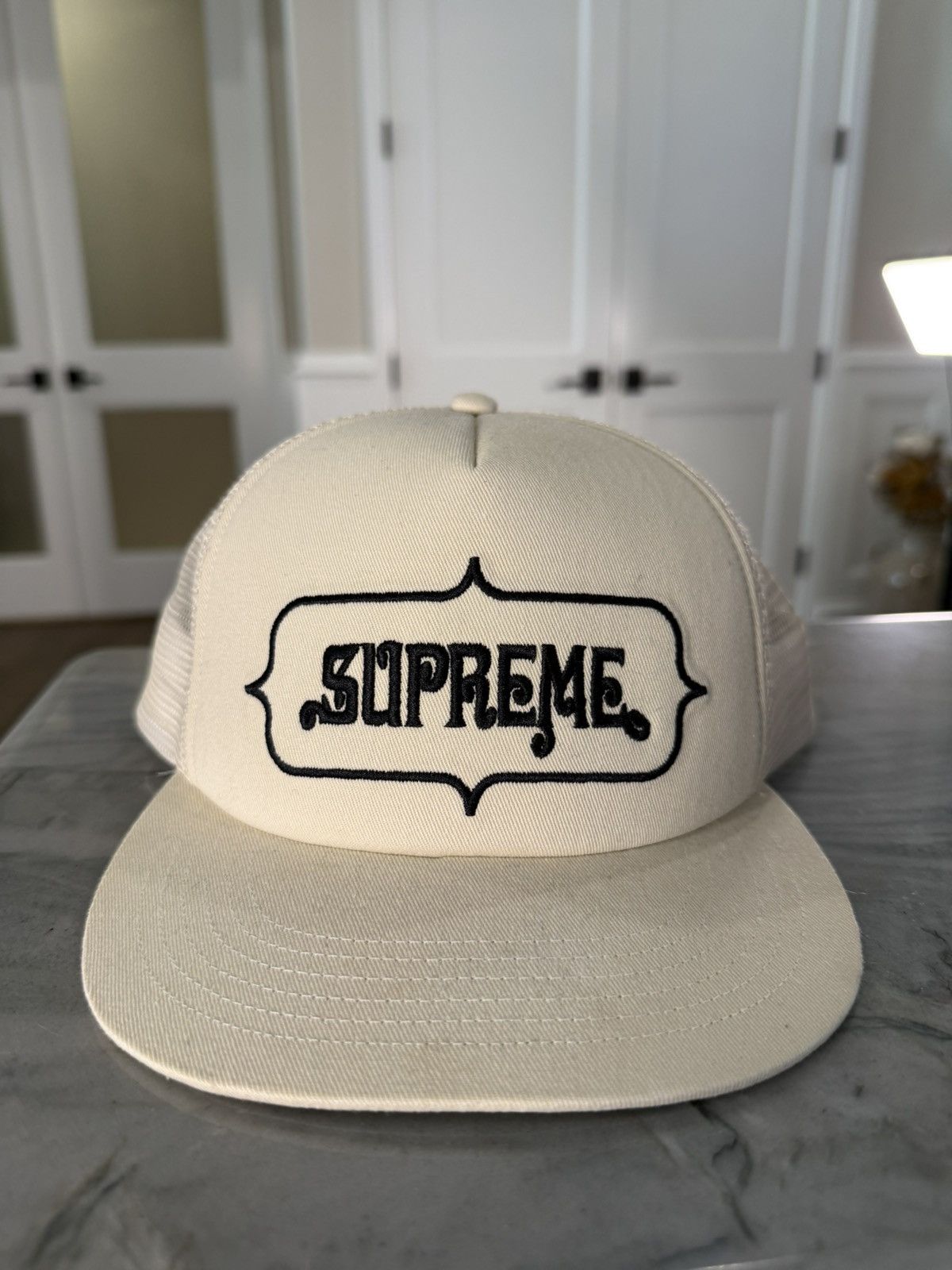 Supreme Logo Cream Trucker Hat