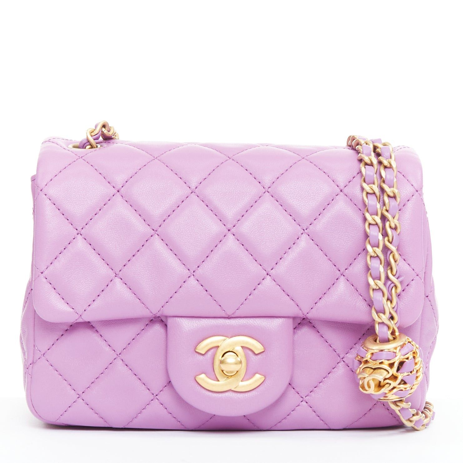 Chanel CHANEL Pearl Crush Mini Square Flap purple lambskin aged gold hardware crossbody bag Size ONE SIZE - 1 Thumbnail