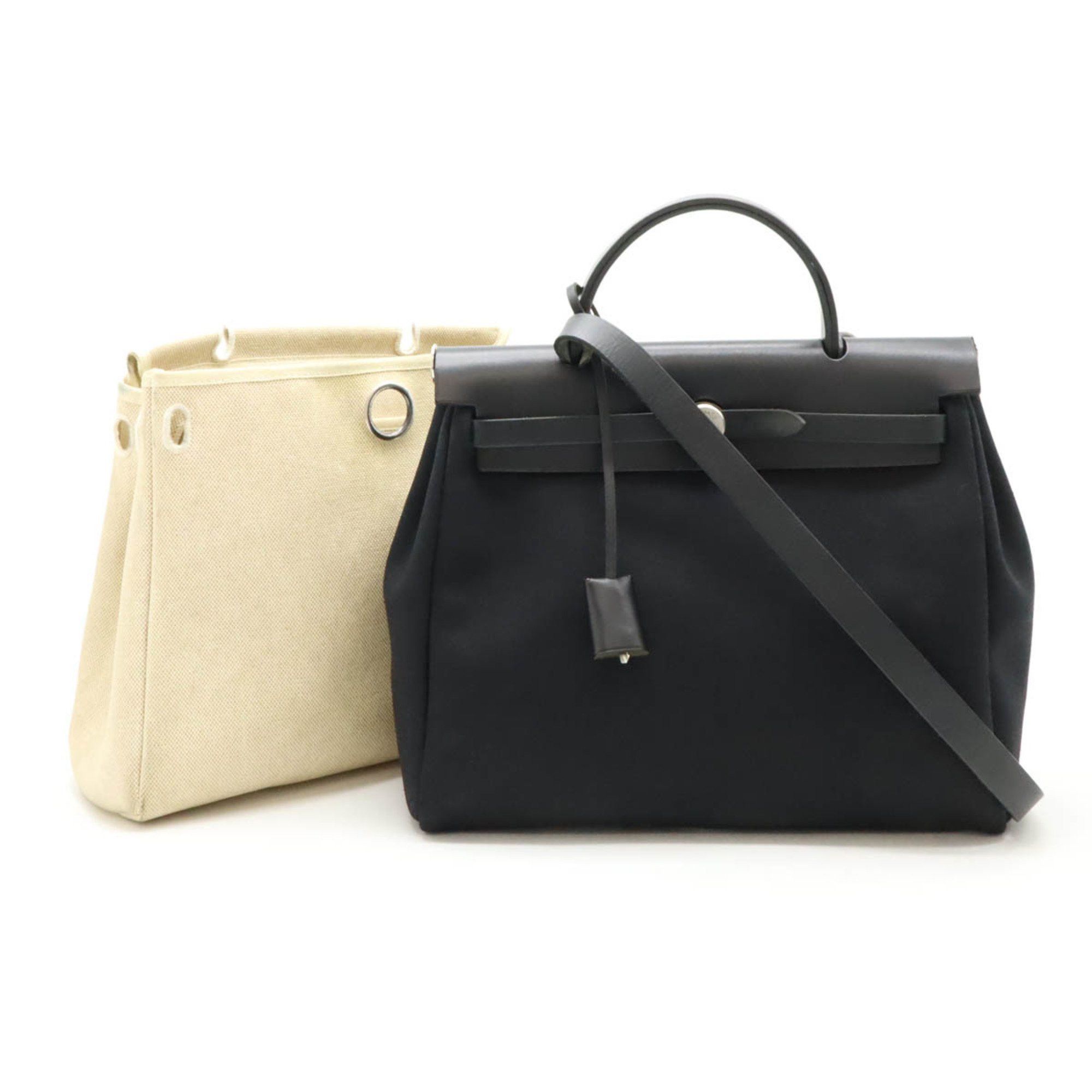 Hermes Airbag Pm Handbag Shoulder Bag Toile Officier Leather Black D Engraved, Women's