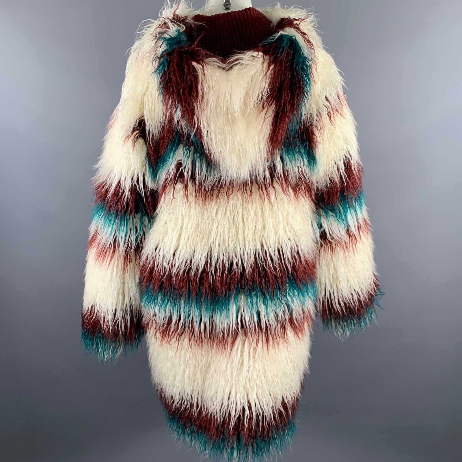 FRIED RICE FRIED RICE One Size White Burgundy Teal Stripe Faux Fur Coat Size US M / EU 48-50 / 2 - 5 Thumbnail