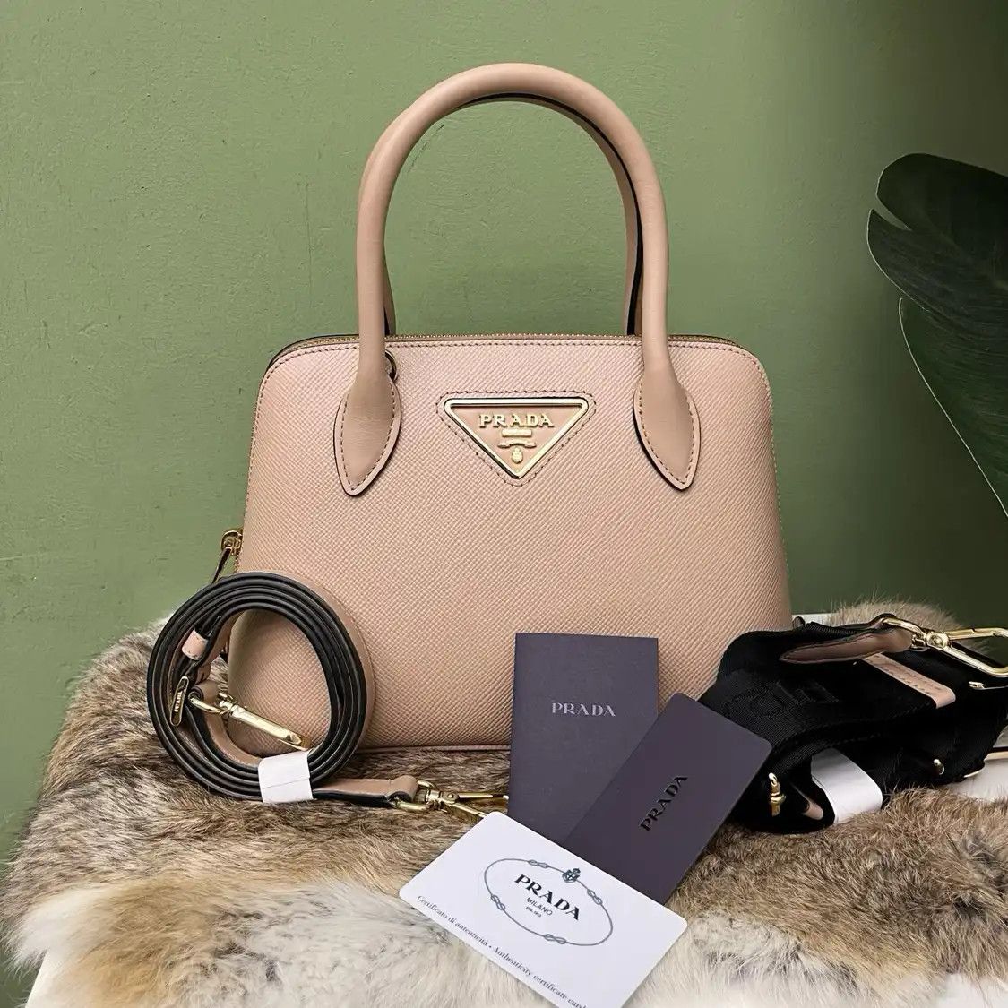 Prada PRADA Promenade pink cowhide leather logo cross pattern crossbody bag 2 striped Size ONE SIZE - 1 Thumbnail