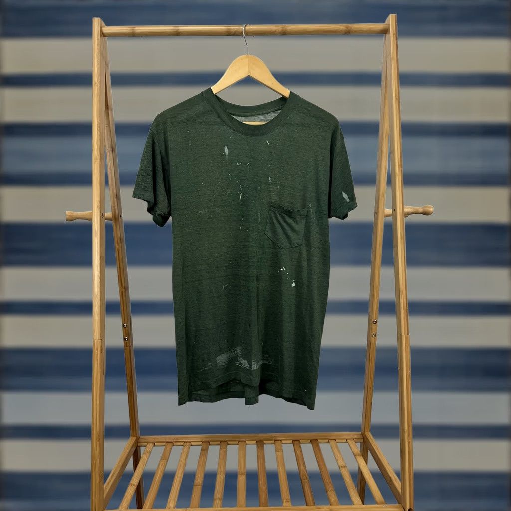 Vintage VTG 70s Sun Faded Paper Thin Burnout Selvedge Pocket WIP Work Paint T-Shirt L Green Mens Short Sleeve Regular Crewneck Size US L / EU 52-54 / 3 - 1 Thumbnail