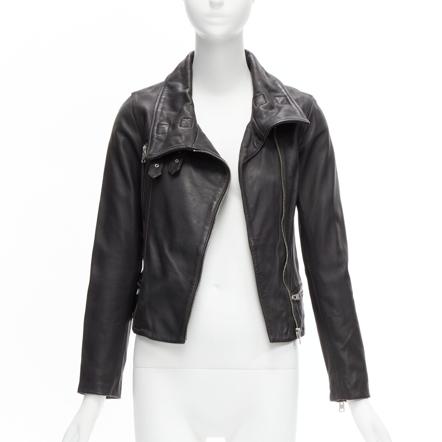 Allsaints ALL SAINTS Bales black lamb leather buckles funnel collar biker jacket UK6 XS Size XS / US 0-2 / IT 36-38 - 1 Thumbnail