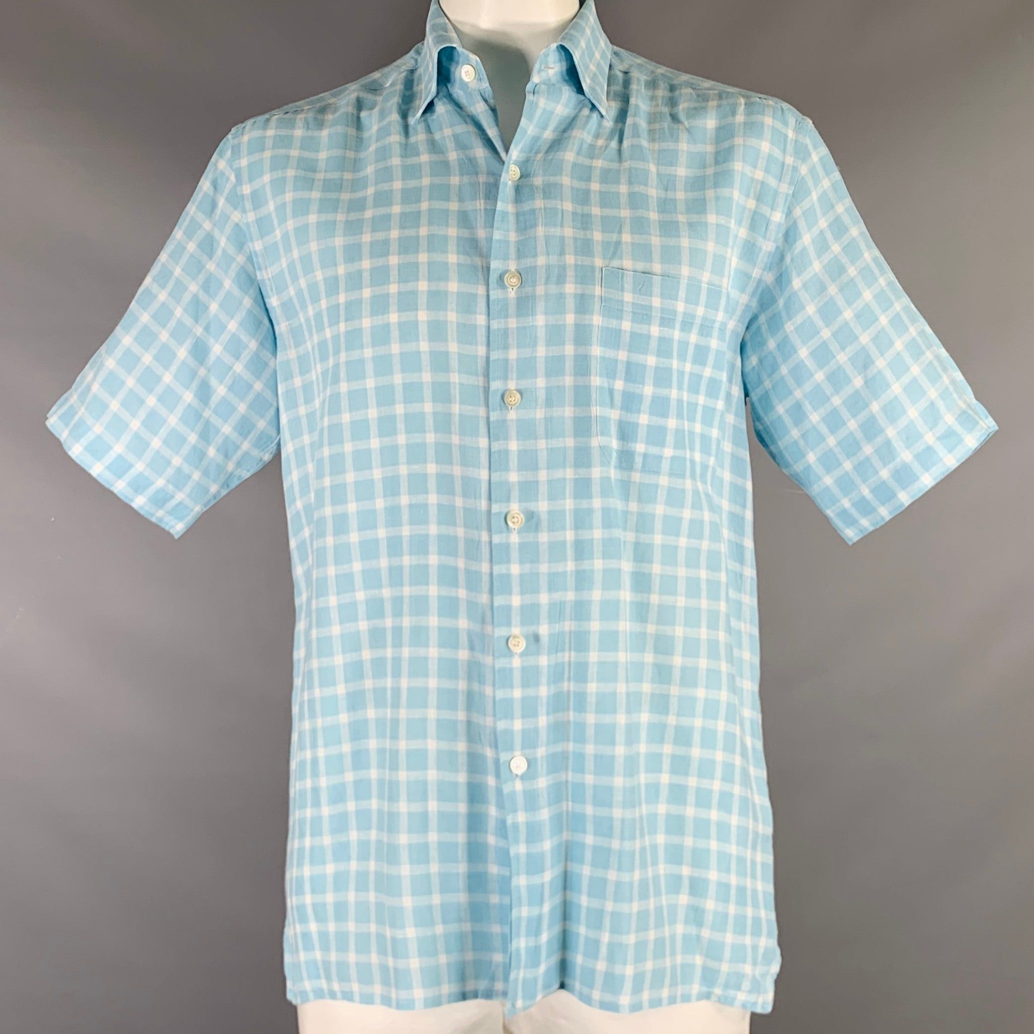 image of Ermenegildo Zegna Light Blue White Plaid Linen Short Sleeve Shirt, Men's (Size Large)