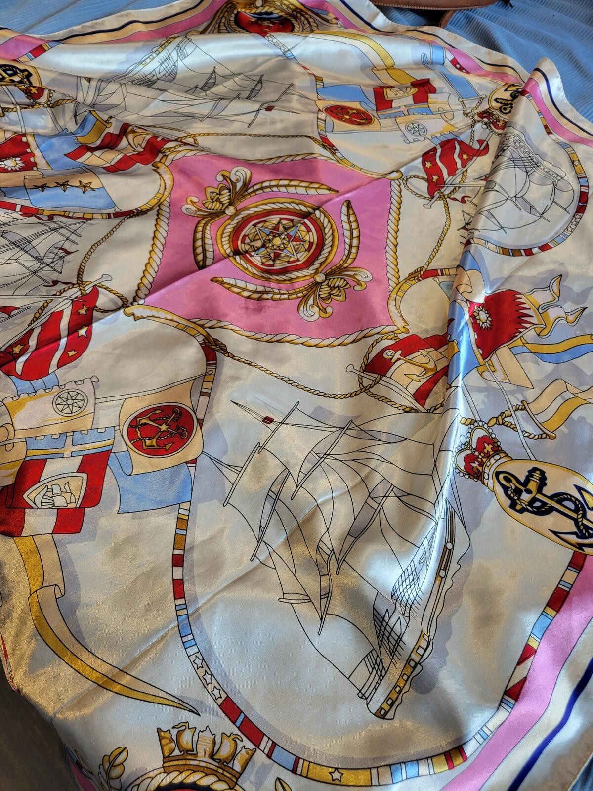 Unknown London Vintage Nautical Print Silk Scarf with Pink and Gold Accents Size ONE SIZE - 4 Thumbnail
