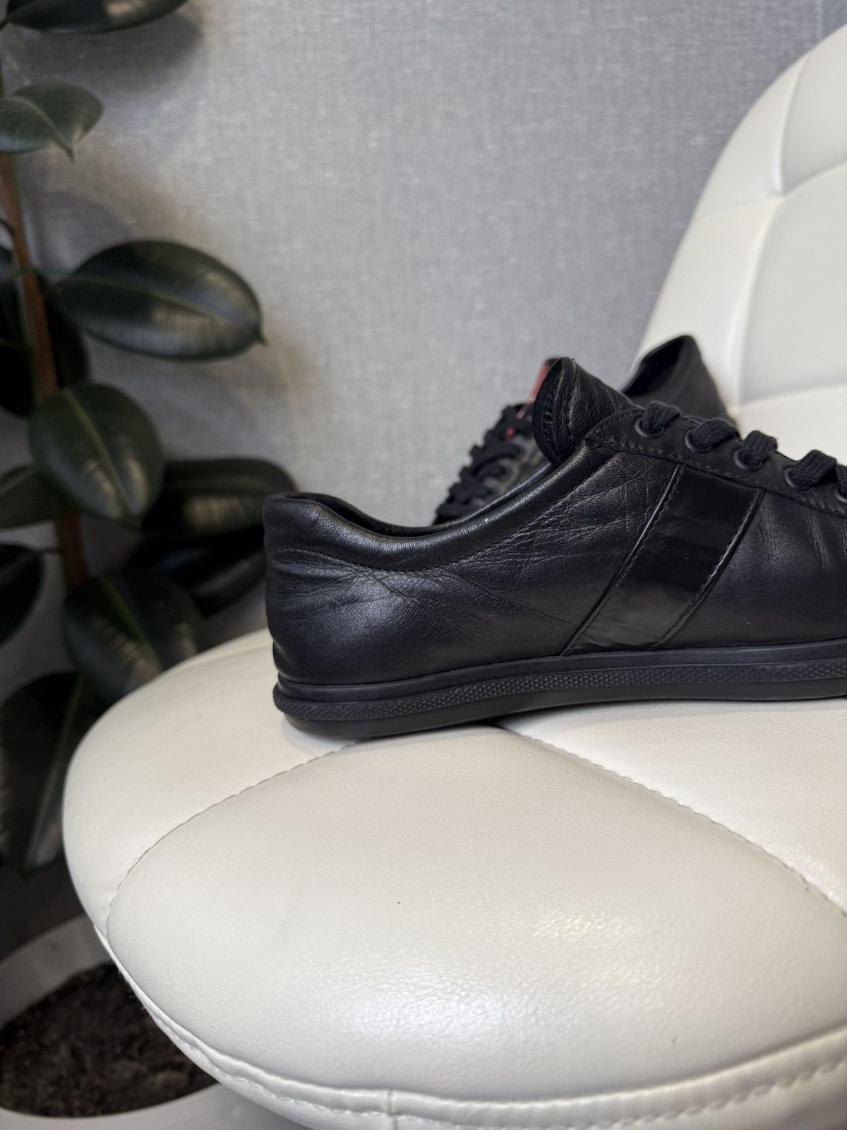 Prada Prada Black Leather Low-Top Sneakers with Red Stripe Logo Size US 7 / IT 37 - 8 Thumbnail
