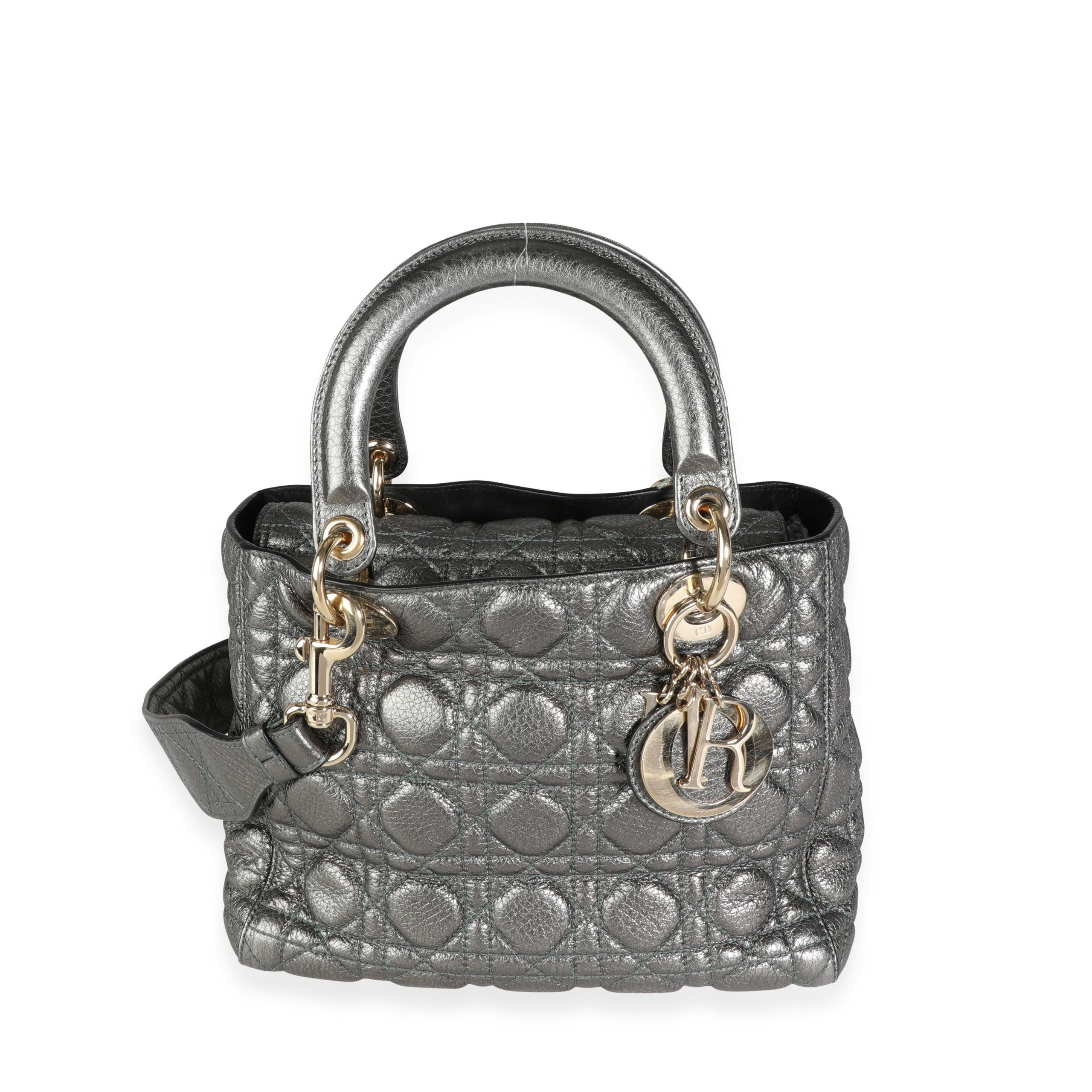 Dior Metallic Silver Supple Cannage Leather Medium Lady Dior Tote