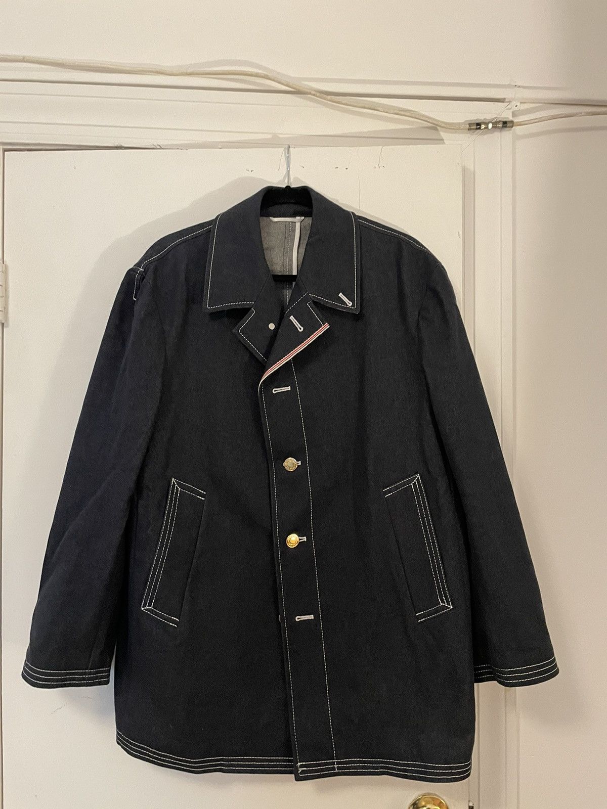image of Thom Browne Double Breasted Denim Jacket in Dark Denim, Men's (Size Medium)