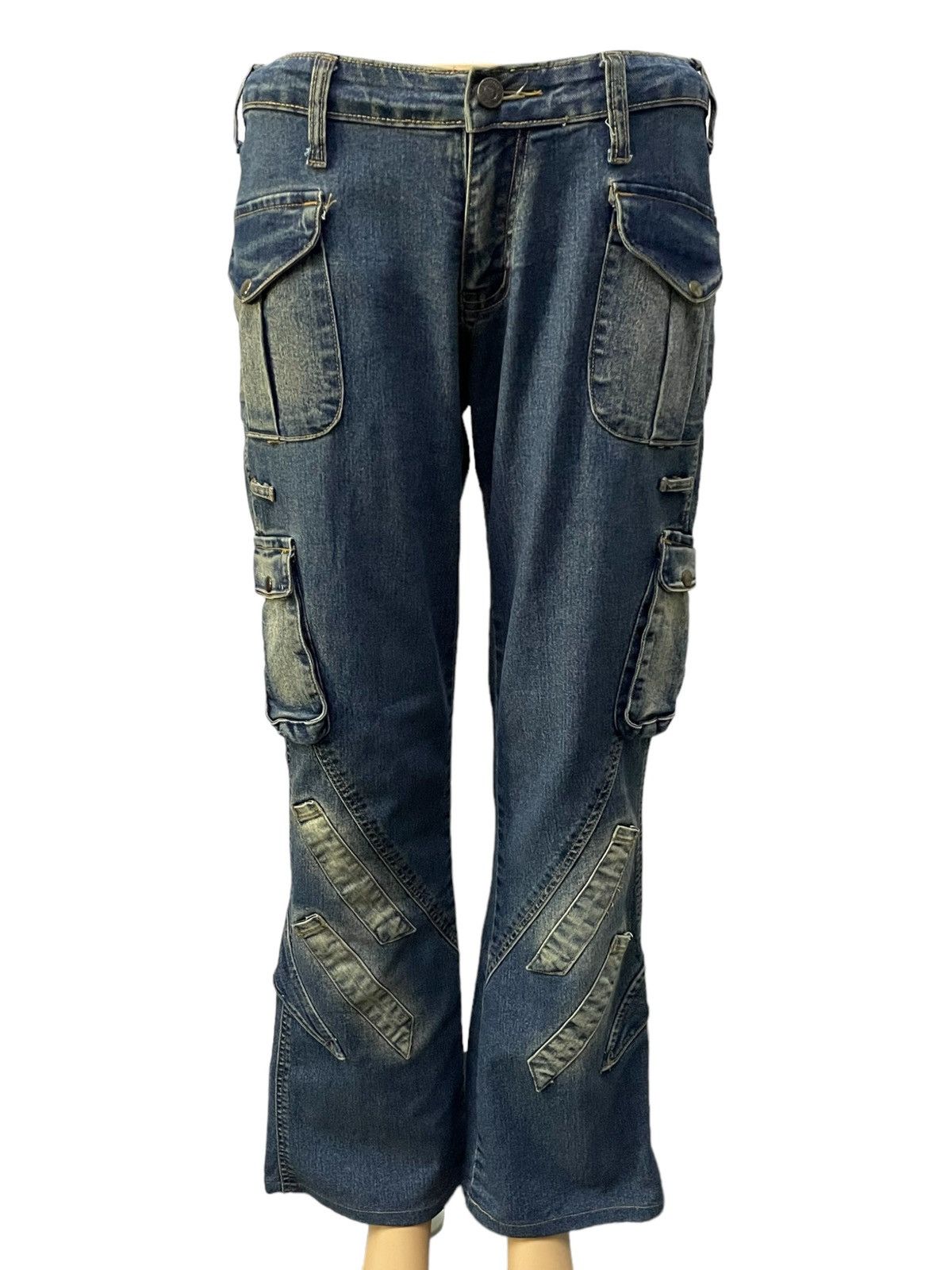 If Six Was Nine × KMRii × Le Grande Bleu (L.G.B.) Modernistic Japan Laser Wash Flared Cargos Jeans Size US 29 - 3 Thumbnail