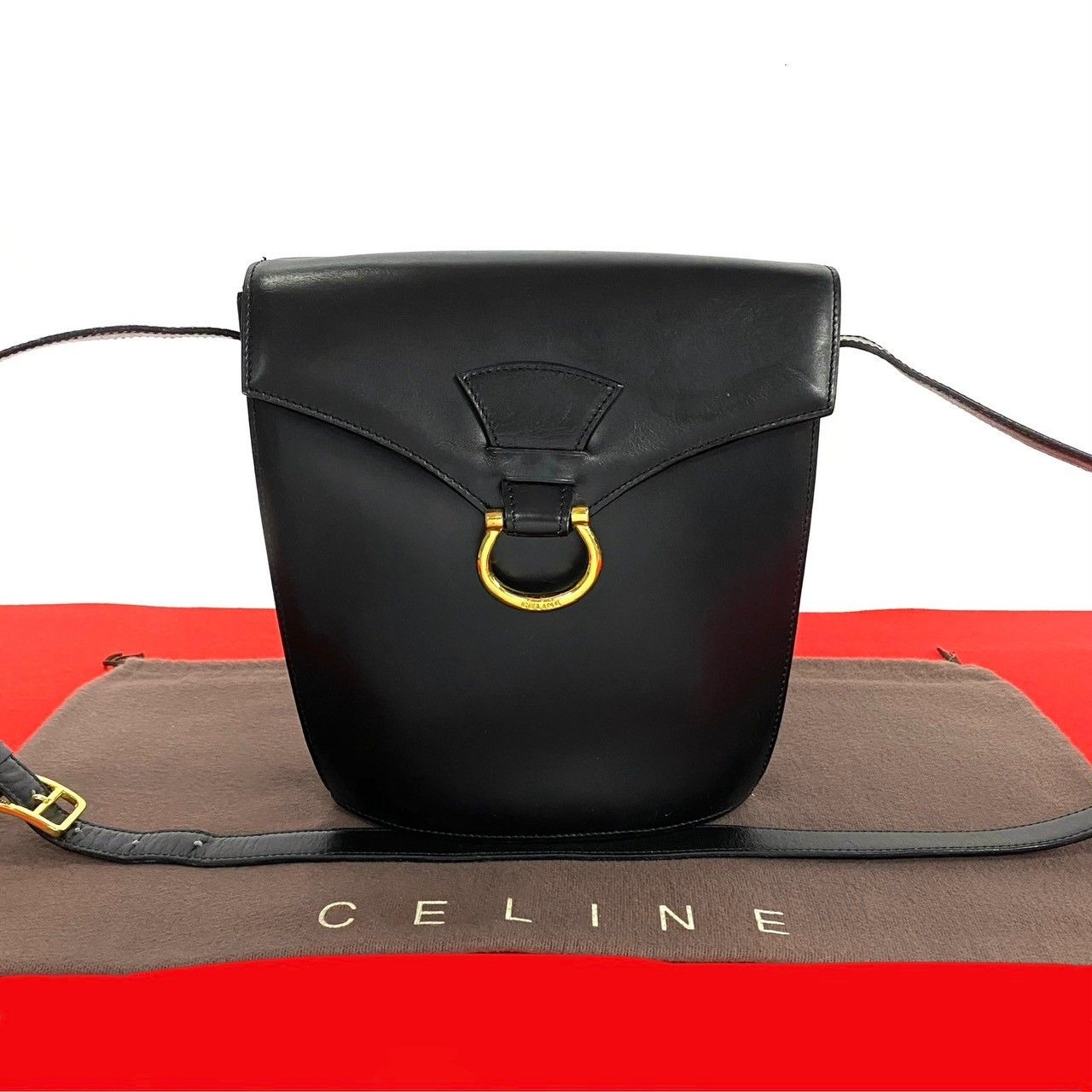 Celine Celine Gancini Logo Calf Leather Shoulder Bag Leather Shoulder Bag in Black, Women's