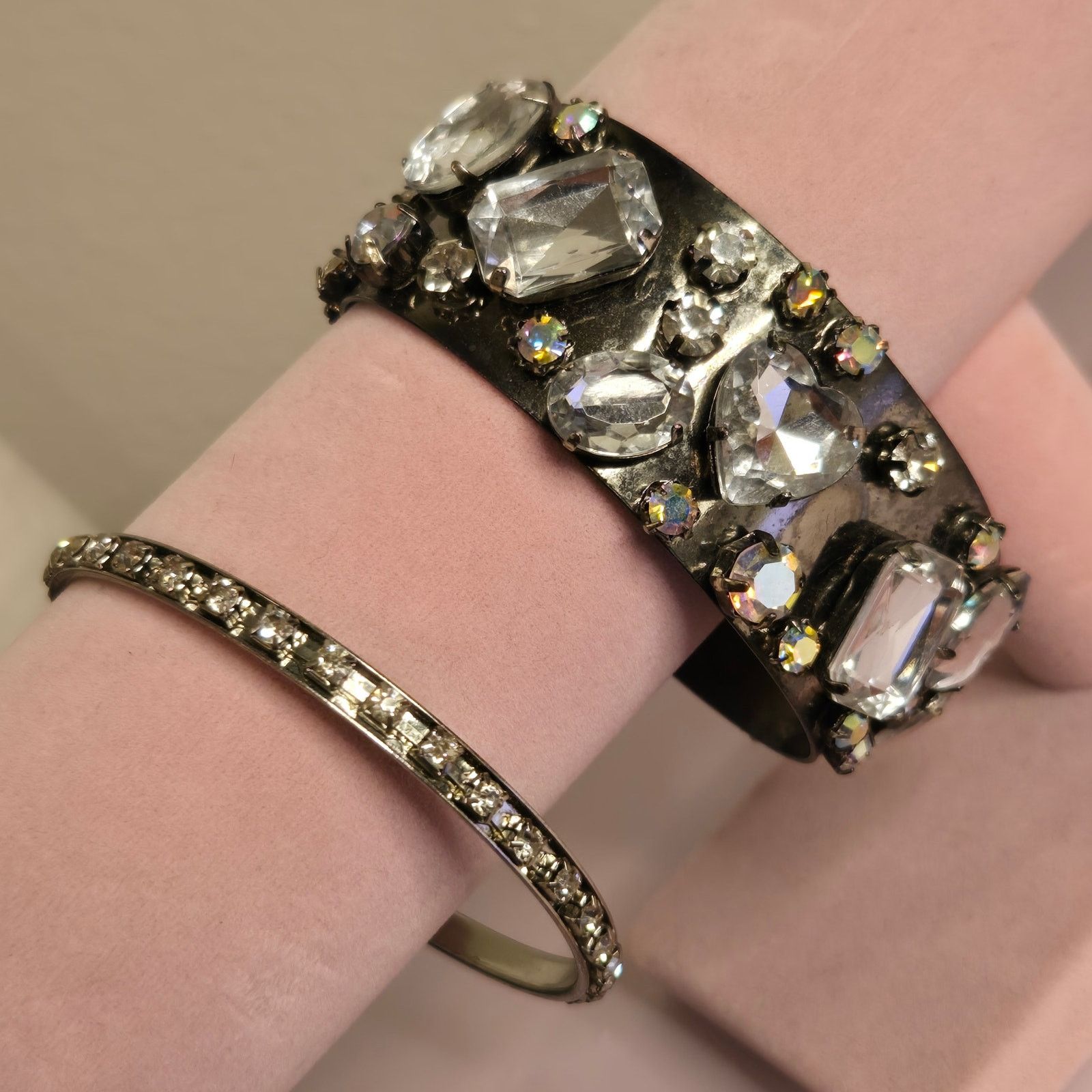 Vintage Clear Rhinestone Wide Bangle & Slender Tennis Bracelet Set Size ONE SIZE - 2 Thumbnail
