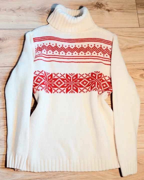 100% wool sweater turtleneck jumper ecru red vintage