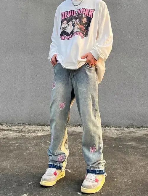 High Sport × Japanese Brand × Ring Of Fire Washed distressed embroidered lettering jeans Size US 34 / EU 50 - 2 Thumbnail