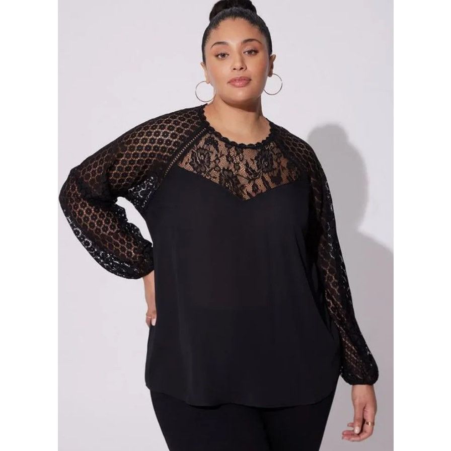 Corridor Torrid Blouse Women 1X Black Lace Floral Witchy Vamp Sheer Size XXL / US 16-18 / IT 52-54 - 2 Thumbnail