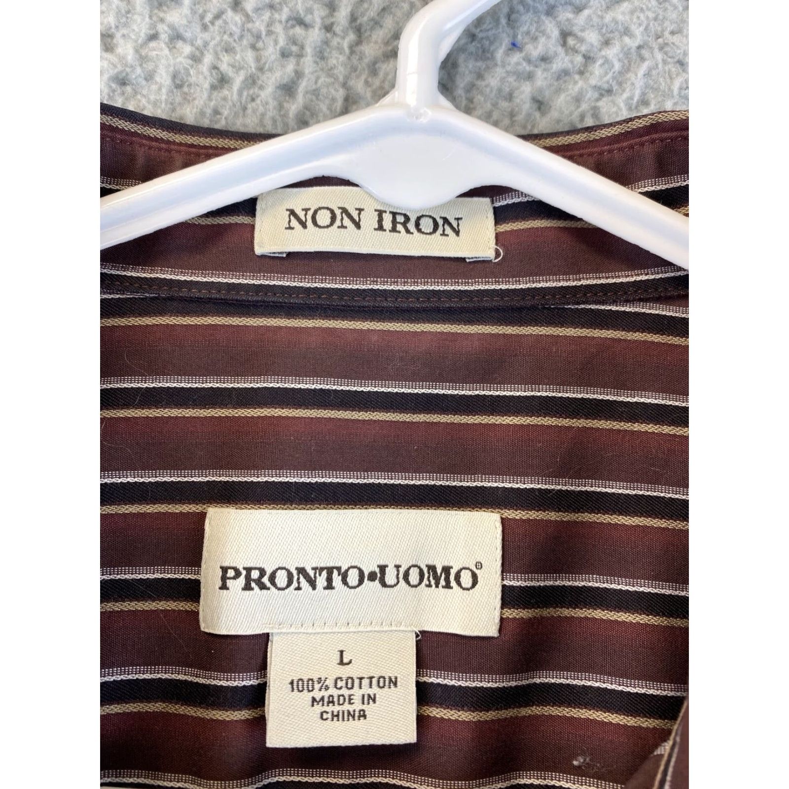 Pronto Uomo Pronto Uomo Dress Shirt Mens L Brown Black Stripe / 82-23 Regular Long Sleeve Point Collar Barrel Button Cuff Brown Striped Pronto Uomo 82-23 Size 42R - 5 Thumbnail