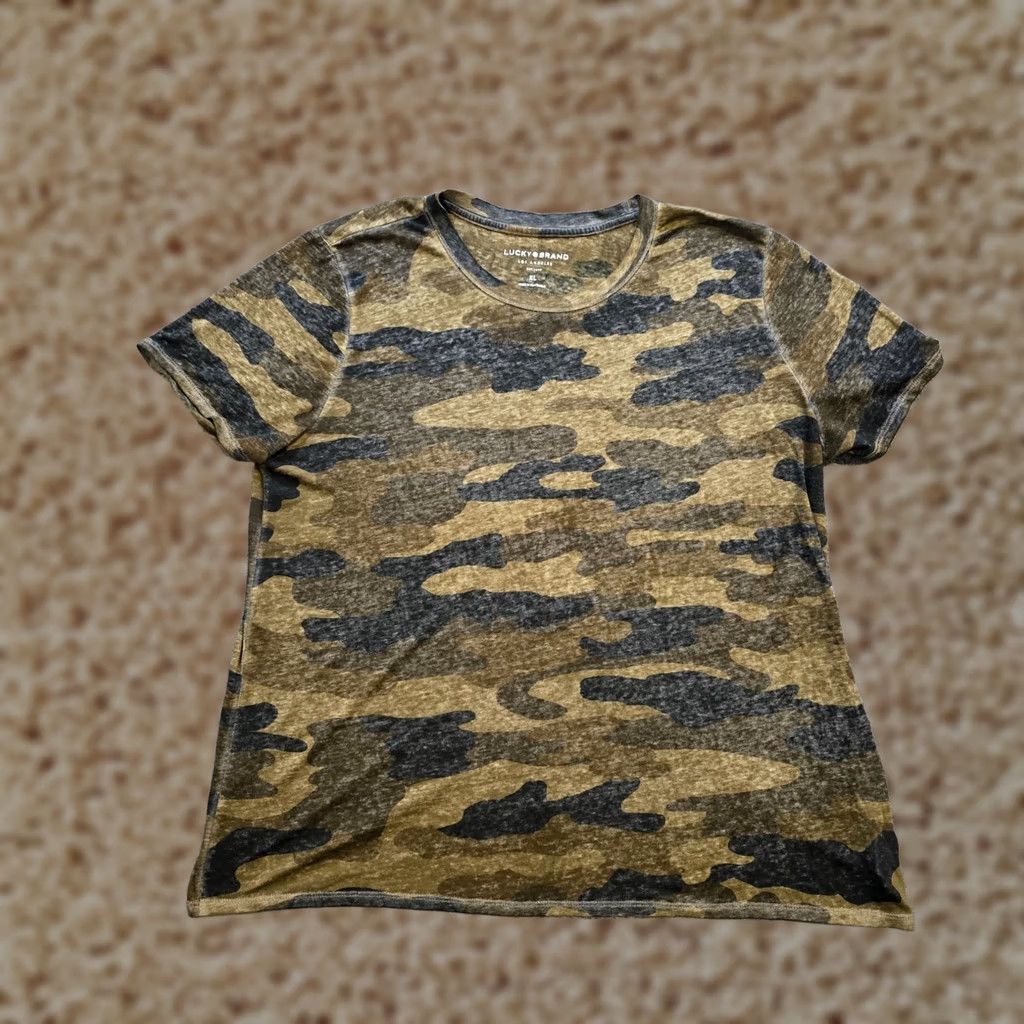 Lucky Brand Lucky Brand Top Womens XL Regular Short Sleeve Tan Green Camp Lightweight Casual T-Shirt Knit Cotton Polyester Beach Bohemian Classic Size XL / US 12-14 / IT 48-50 - 1 Thumbnail
