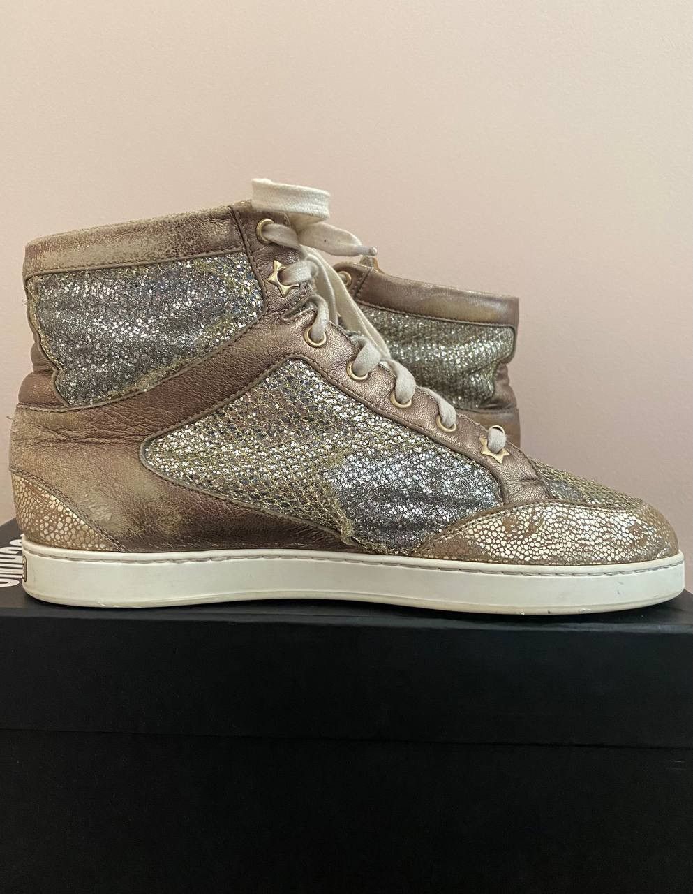 Jimmy Choo Jimmy Choo Metallic Gold Leather And Glitter Miami High Top Size US 8 / IT 38 - 8 Thumbnail