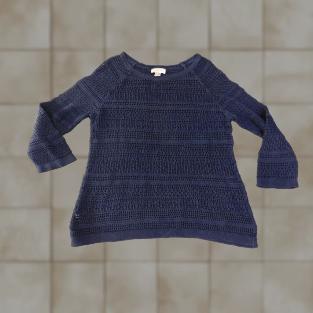 Loft LOFT Sweater Women Large Navy Blue Open Knit 3/4 Sleeve Pullover Crewneck 100% Cotton Crochet Accents Womens Size L / US 10 / IT 46 - 1 Thumbnail
