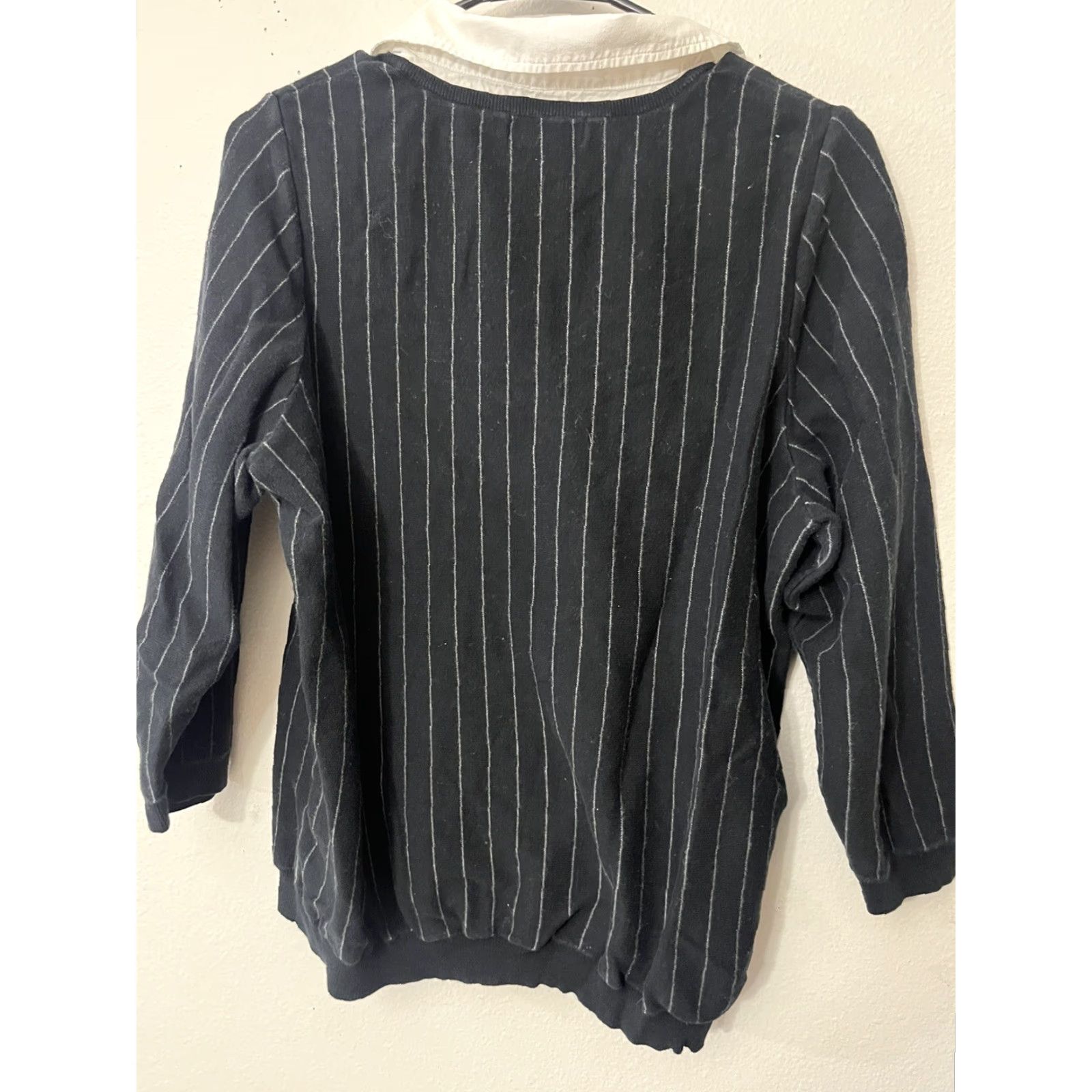 Chaps CHAPS Women’s Knit Sweater - Black Striped V-Neck 3/4 Sleeve Pullover, Size 1X Plus, Casual Boxy Knit Skinny Ribbed, Autumn Size XL / US 12-14 / IT 48-50 - 3 Thumbnail