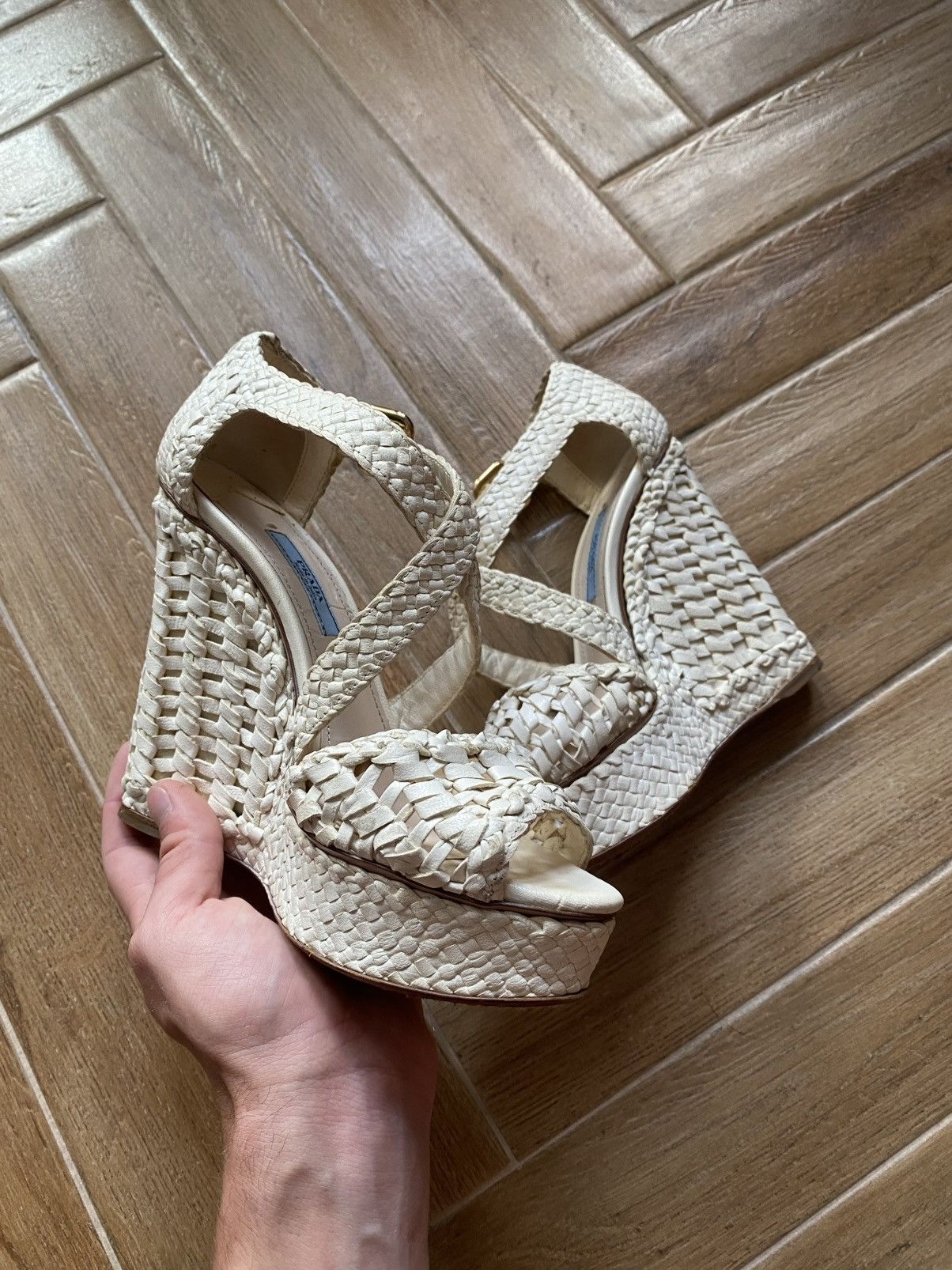 Vintage Prada Tan Woven Leather Peep Toe Wedge Sandals Heels