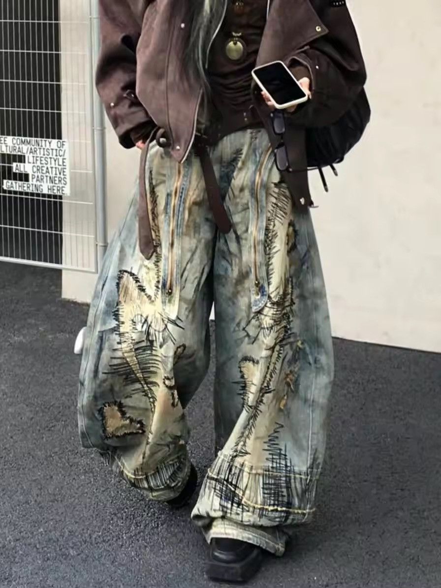 Japanese Brand × Jean Distressed Embroidered Wide Leg Denim Size 27" / US 4 / IT 40 - 1 Thumbnail