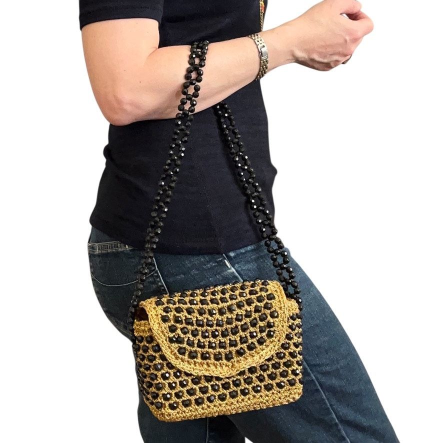 Vintage Vintage Italian Gold Crochet Black Bead Glam Evening Bag Size ONE SIZE - 2 Thumbnail