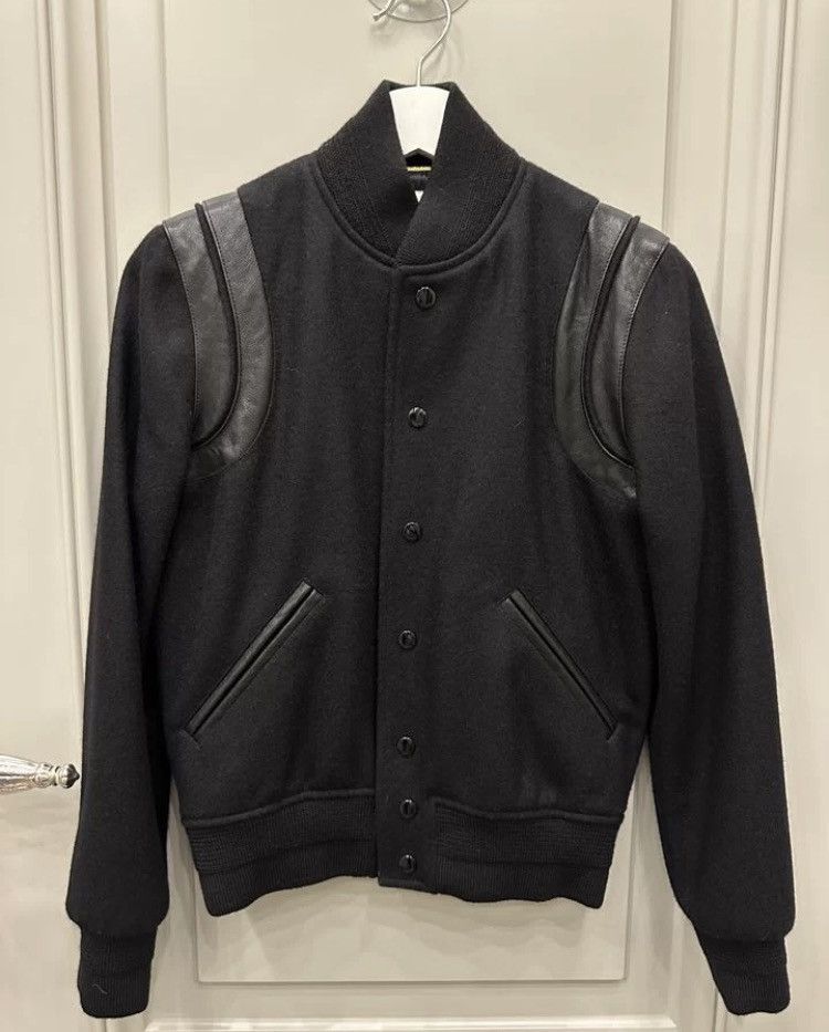 image of Saint Laurent Paris Wool Teddy Leather Detail Bomber Jacket in Black, Men's (Size XS)