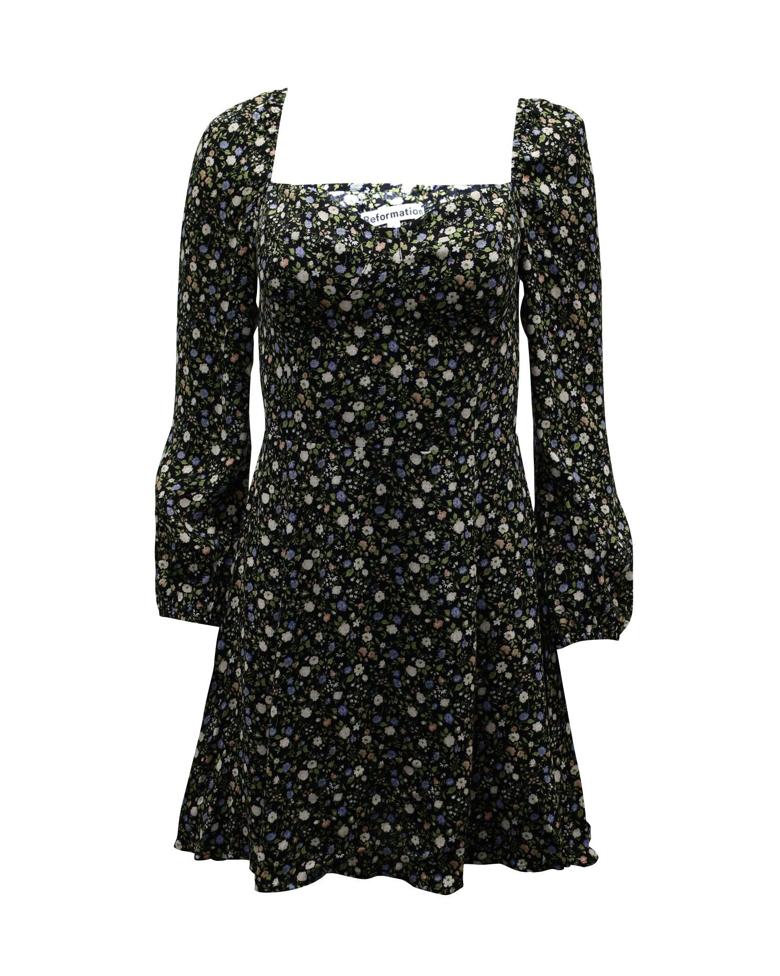 image of Reformation Floral Viscose Mini Dress With Center Front Tie And Ruffle Edged Neckline in Black, Wom