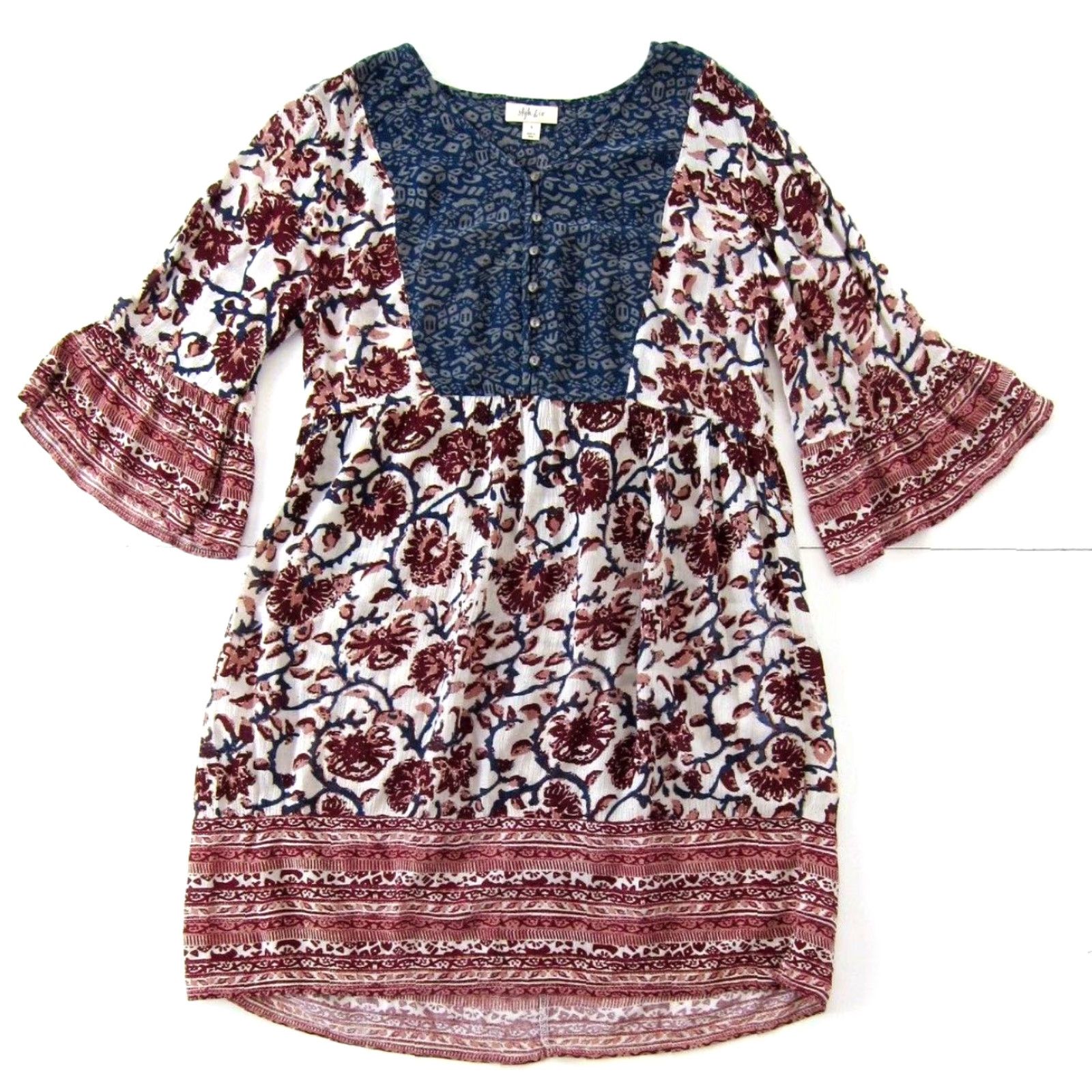 Vintage Style & Co 100% Rayon Pink Blue Red Floral 3/4 Sleeve Tunic Smock Dress Small Size S / US 4 / IT 40 - 2 Thumbnail
