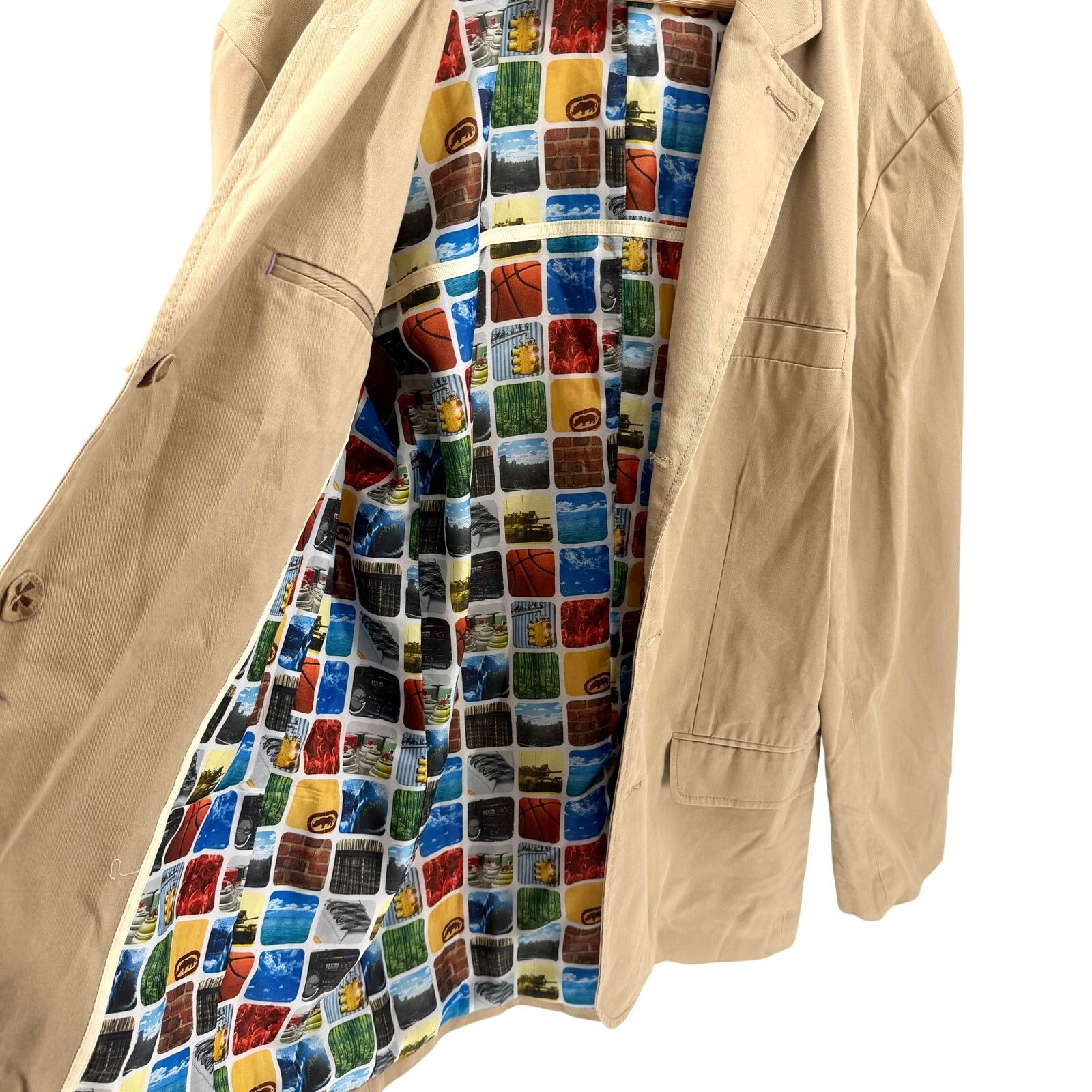 Marc Ecko Vintage Y2K Tan 100% Cotton Graphic Lining Rhino Blazer Size 44R - 7 Thumbnail