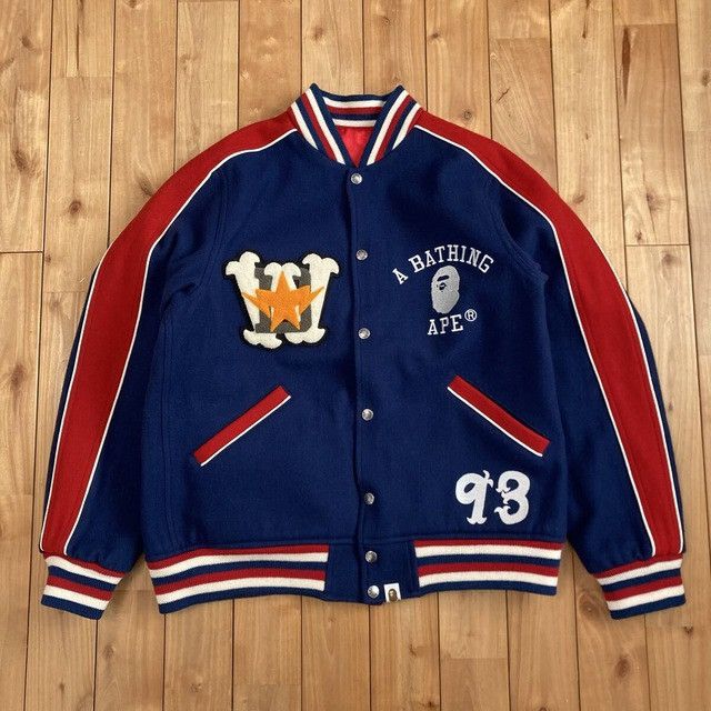 Bape 🔥Reversible🔥 BAPE Logo Melton Wool Varsity Jacket Kanye NIGO Size US XL / EU 56 / 4 - 3 Thumbnail