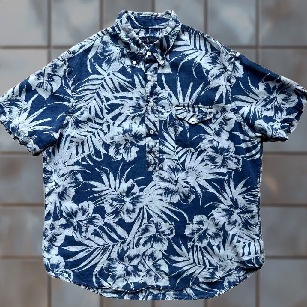Polo Ralph Lauren Polo Ralph Lauren Shirt Linen XL Blue Hawaiian Floral Summer Glam Loungewear Size US XL / EU 56 / 4 - 1 Thumbnail