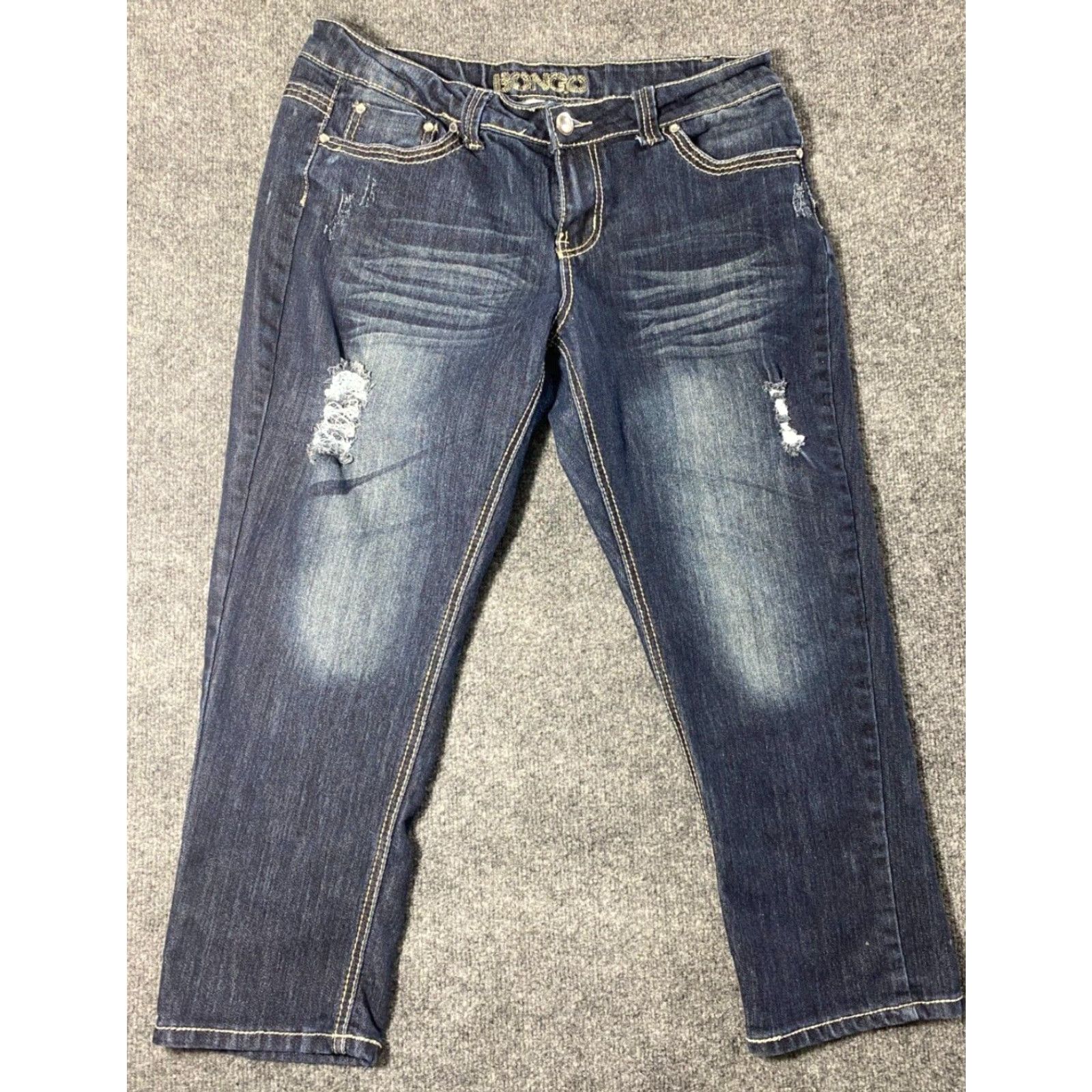 Vintage Bongo Capris Denim Distressed Rhinestone Embroidered Flap Pockets Junior Size 11 Size ONE SIZE - 2 Thumbnail