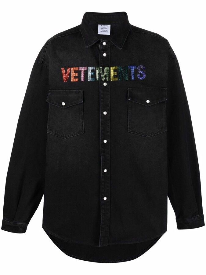 image of Vetements O1Mle0424 Crystal Logo Denim Shirt In Black, Men's (Size Small)