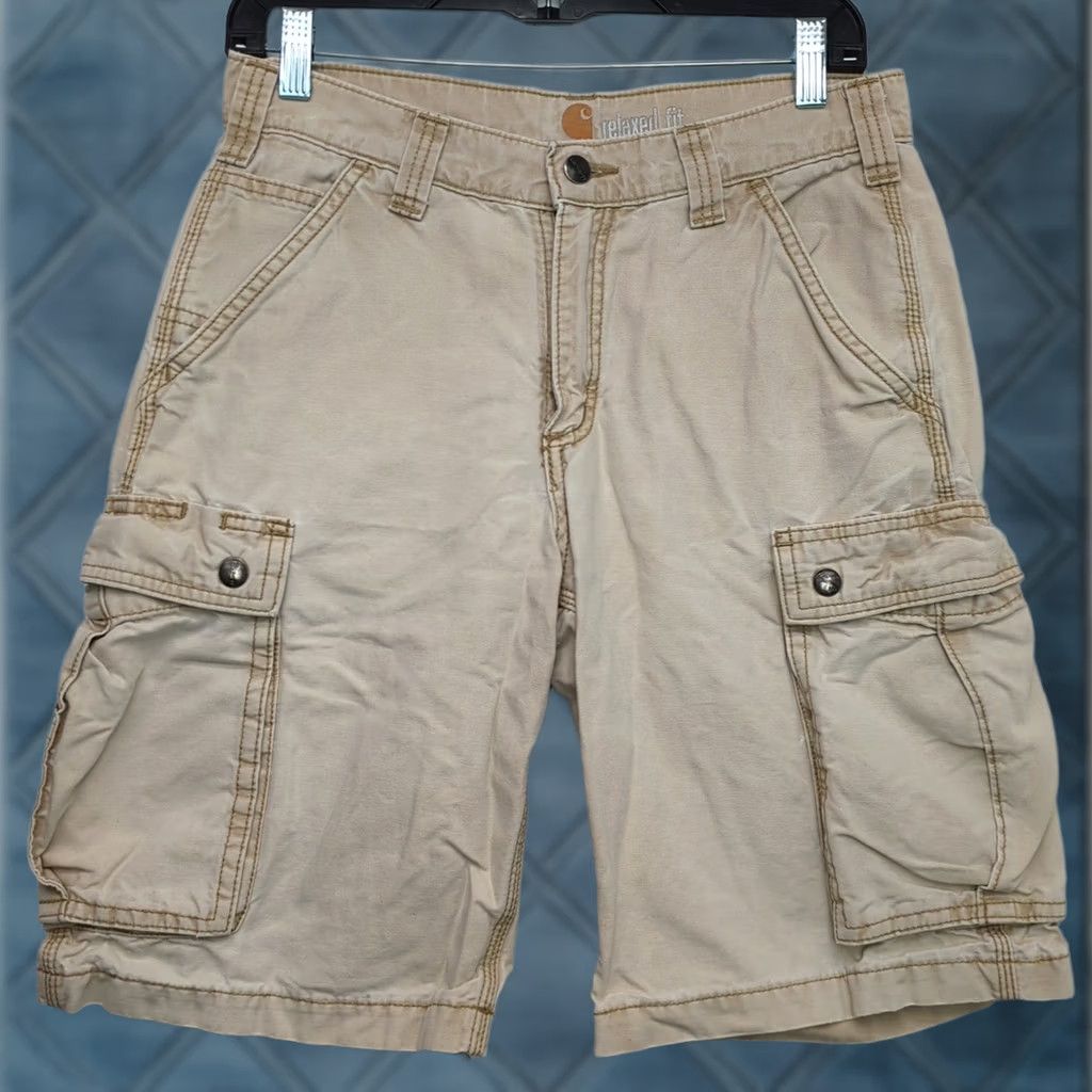 Carhartt Carhartt Cargo Shorts Mens 29 Relaxed Fit Workwear Beige Canvas 5-Pocket Zipper Button Carhartt Logo Belt Loops Front Flat Front Linen? Size US 29 - 1 Thumbnail