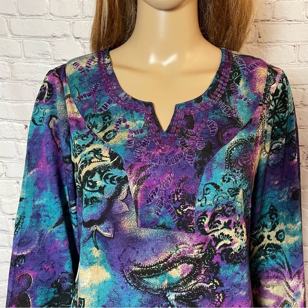 Chicos New Chico's Purple Blue Paisley Sequins Long Sleeve Tunic S Size S / US 4 / IT 40 - 3 Thumbnail
