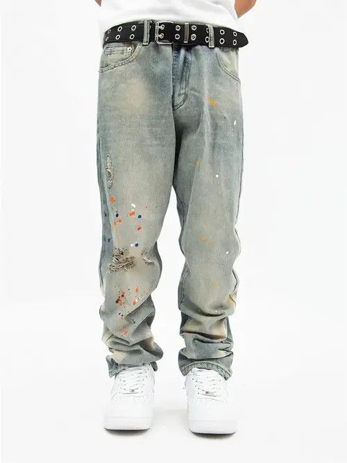 Jean Retro street hip hop distressed washed straight jeans Size US 30 / EU 46 - 1 Thumbnail