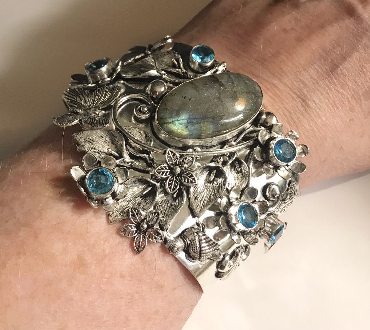 image of Stampd Labradorite Blue Topaz 925 Sterling Silver Cuff Bracelet in Green, Women's