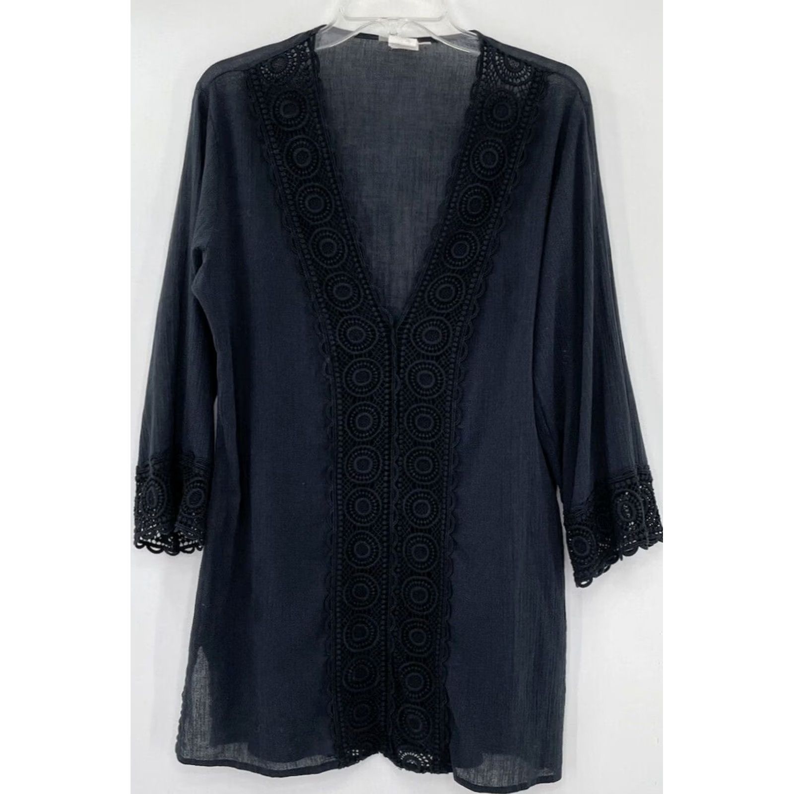 Vintage La Blanca Coverup Dress Women’s Size Medium Black Cotton Long Sleeve Size M / US 6-8 / IT 42-44 - 2 Thumbnail
