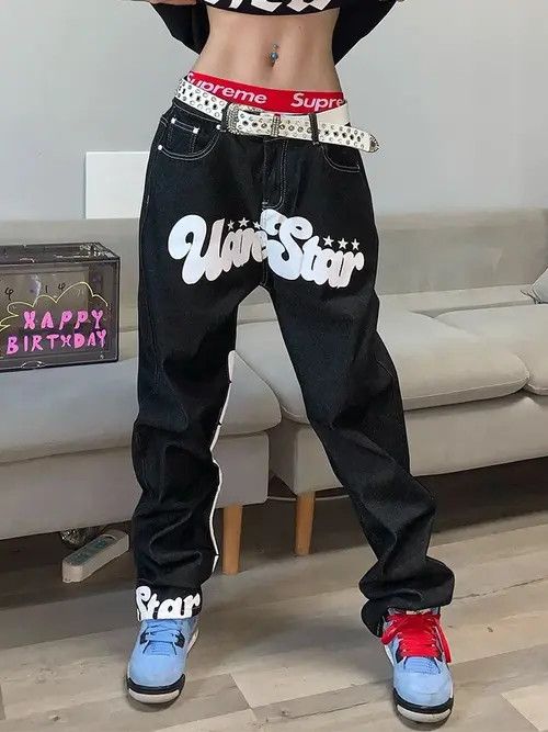 image of Letter Print Baggy Jeans Unisex in Black, Men's (Size 28)